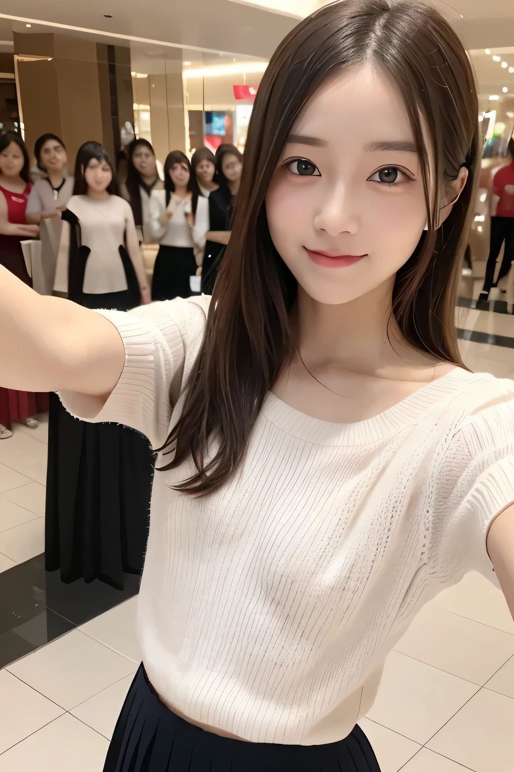 pieces fly、masterpiece、highest quality、Super detailed、High resolution、High resolution、8K portrait、unity 8k wallpaper、Detailed CG、unity 8k wallpaper、Detailed CGユニティ8kの壁紙、realistic、real person、portrait photography、shiny skin、(20-year-old:1.2)、(cute:1.2)、High resolution、beautiful clear eyes、very detailed explanation、delicate face、cute face、nice lips、thin waist、thin legs、(eight-headed body:1.4)、1 girl、(Shopping mall:1.2)、(flat chest:1.6)、(Short sleeve sweater:1.3)、(flare skirt:1.3)、(big smile:1.2)、(Self snap:1.6)、(small face:1.3)、(wavy hair:1.2)、(No bra:1.4)