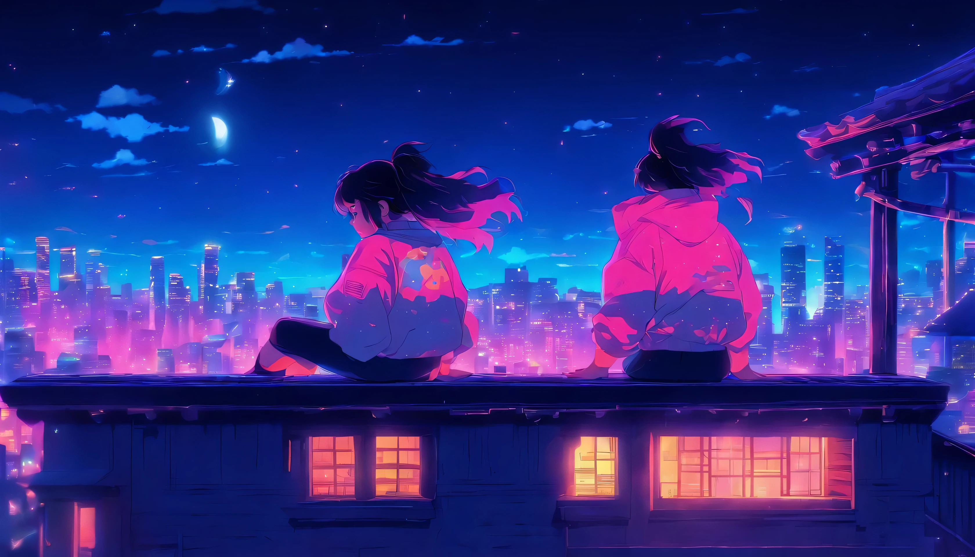 (Lofi), A girl sitting on the rooftop of an old house, Lo-fi image,retro, flat,2.5d, night light, rooftop view, neon scape, beautiful colorful night sky,stars ,analog color theme, fantasy ,line art, ink drawing, big ink line, watercolor, goauche color, studio Ghibli style, awesome colorful, outurn, synthwave, lofi art,90s style,old texture, amplitude,90s atmosphere, masterpiece, massive skills