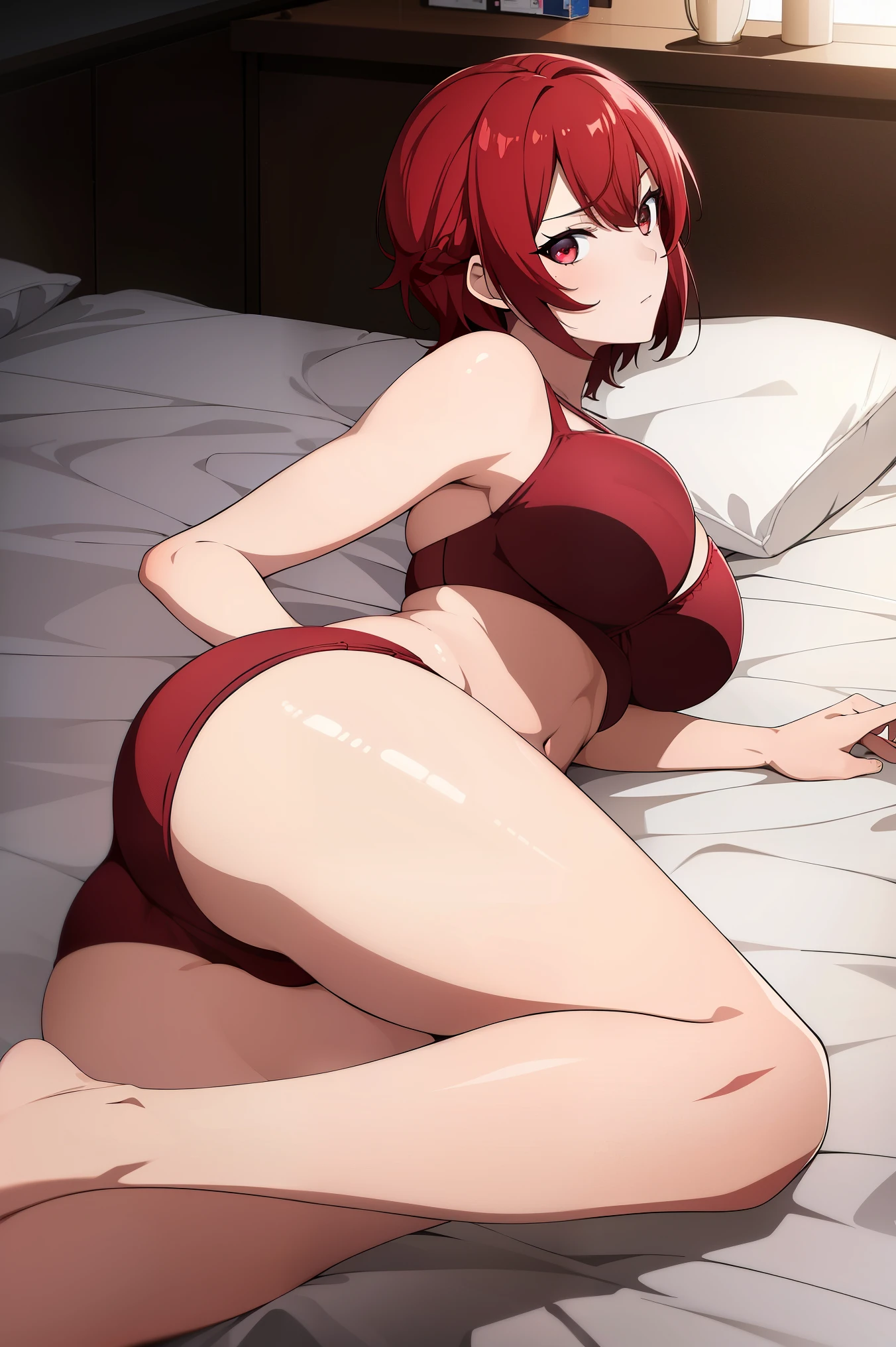 ((masterpiece)), ((best quality)), anriteieri, 1girl, breasts, short_hair, red_hair, red_eyes, solo_focus, indoors, medium_breasts, bikini, bed, laying