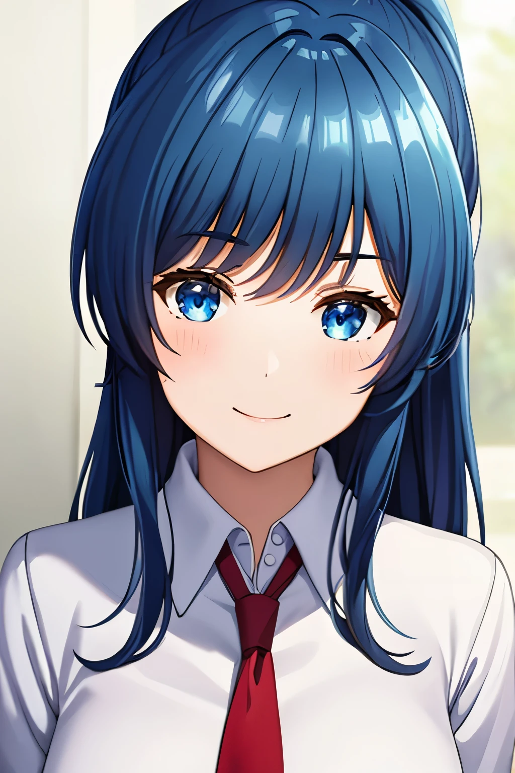 (masterpiece, best quality: 1.2), close-up photo, beautiful girl with long ponytail hair, slightly black navy blue hair, blue eyes, wearing a white school uniform and a long red tie ,smiled kindly at me, looks enthusiastic, at school, very detailed, best quality, perfect face, very high quality, very detailed, 