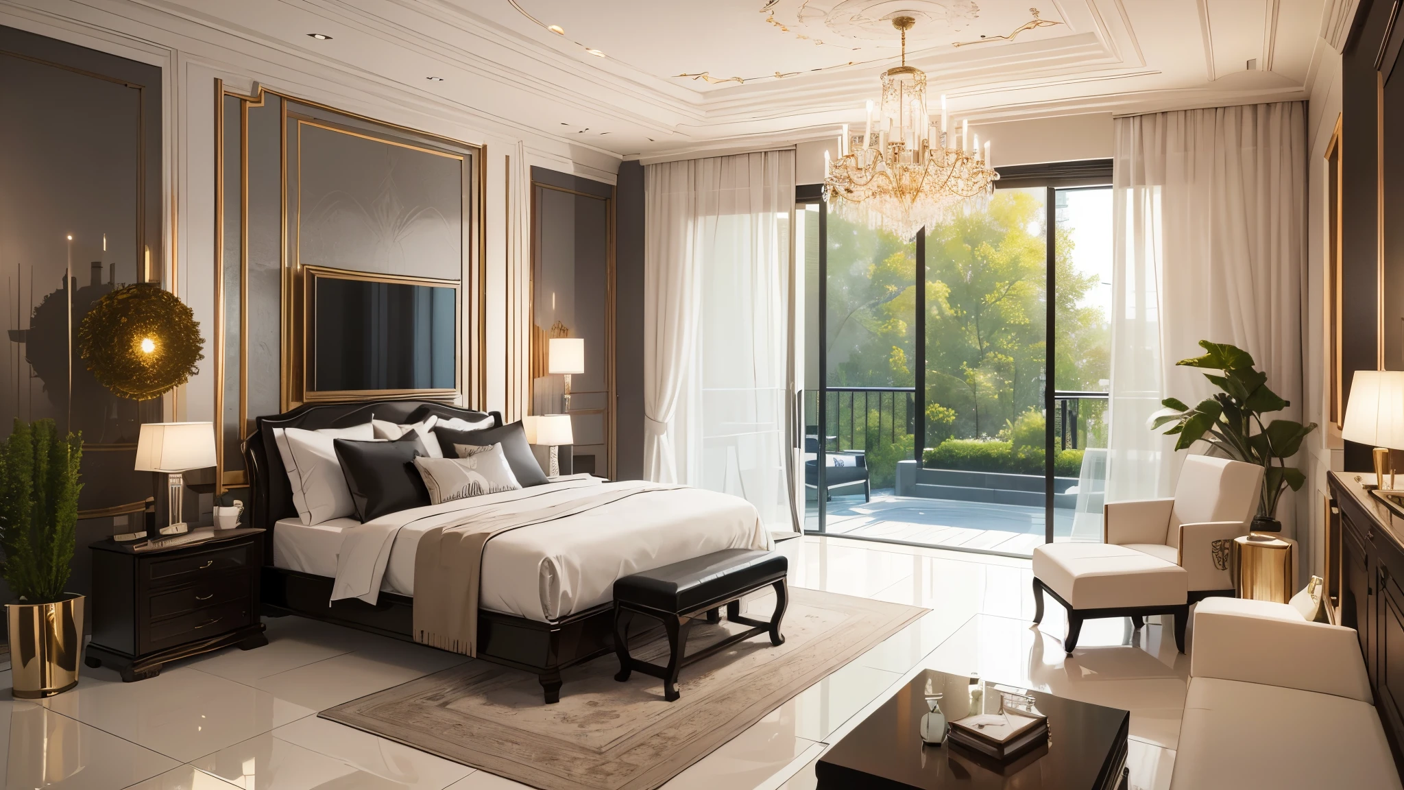 You are a famous interior designer、You have been asked to create a 3D image of a modern large room. Create a harmonious environment with modern and minimalist furniture. Including garden interior.