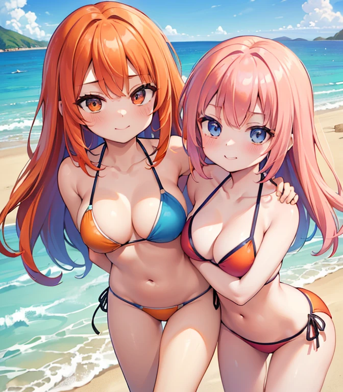 (masterpiece, high quality, high resolution, absurd, super detailed, High saturation、8k),real,,(bikini:1.5),(2girls on the beach:1.2,yuri:1.2)、seductive smile,cute face、beautiful eyes、(hug:1.2)、(( pink hair,orange hair at shoulder height,blue hair:1.2)) (2girls on the beach)