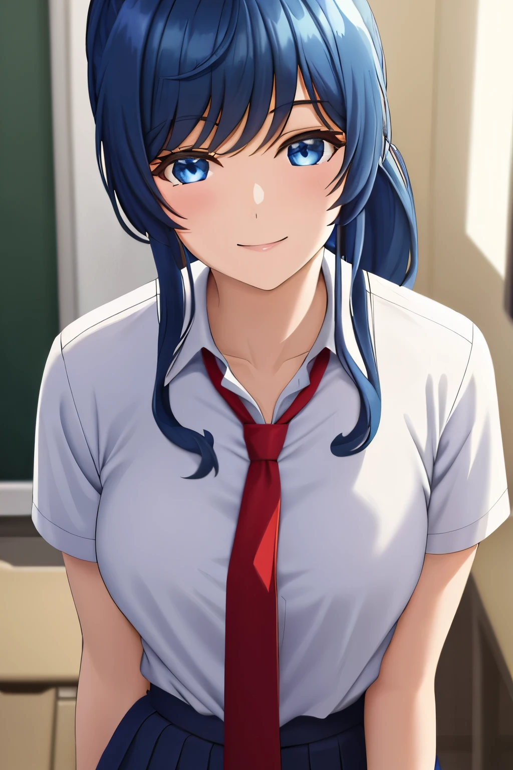 (masterpiece, best quality: 1.2), close-up photo, beautiful girl with long ponytail hair, slightly black navy blue hair, blue eyes, wearing a white school uniform and a long red tie ,smiled kindly at me, wearing a short brown school skirt, looks enthusiastic, at school, very detailed, best quality, perfect face, very high quality, very detailed, 