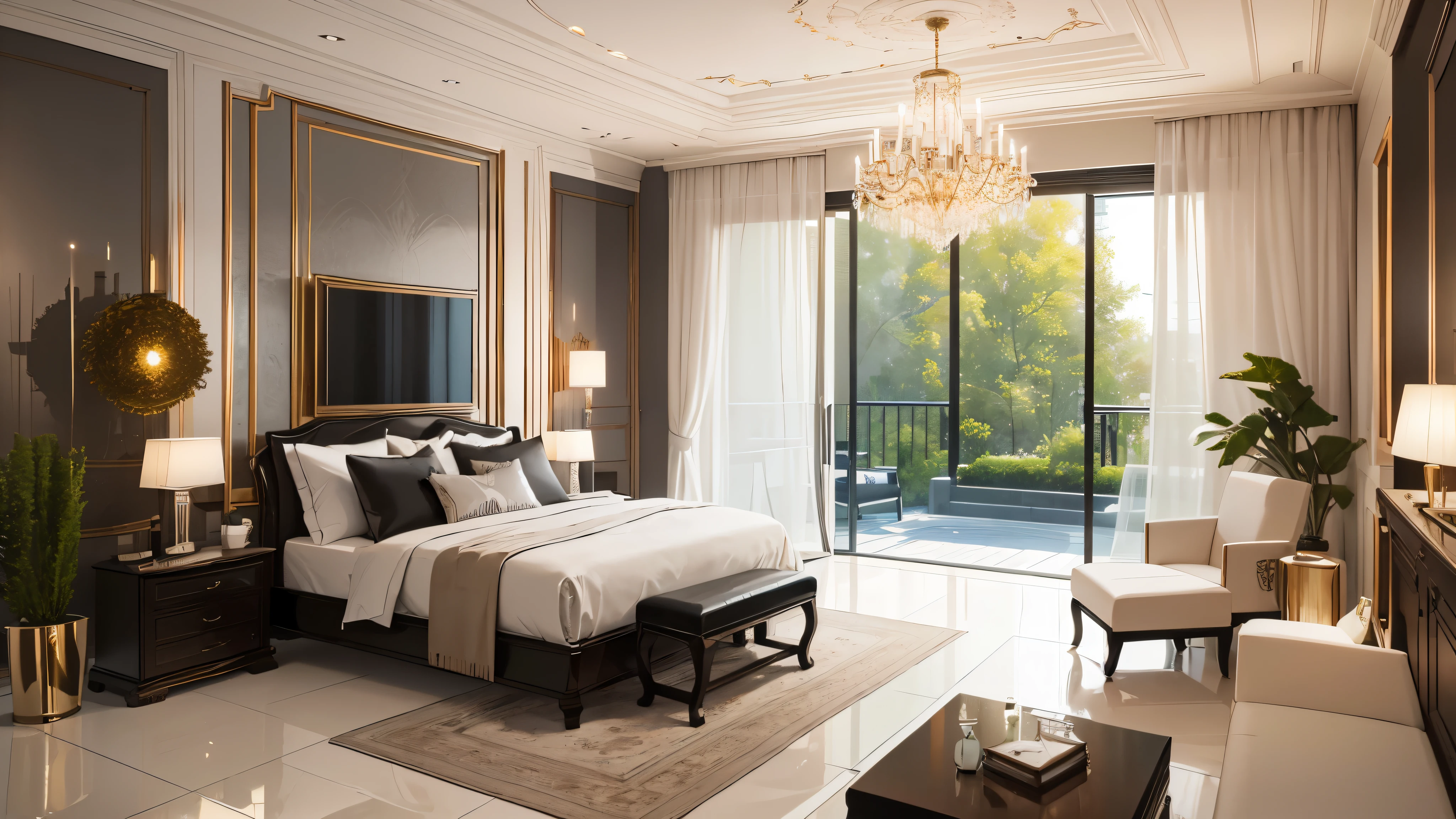 You are a famous interior designer、You have been asked to create a 3D image of a modern large room. Create a harmonious environment with modern and minimalist furniture. Including garden interior.