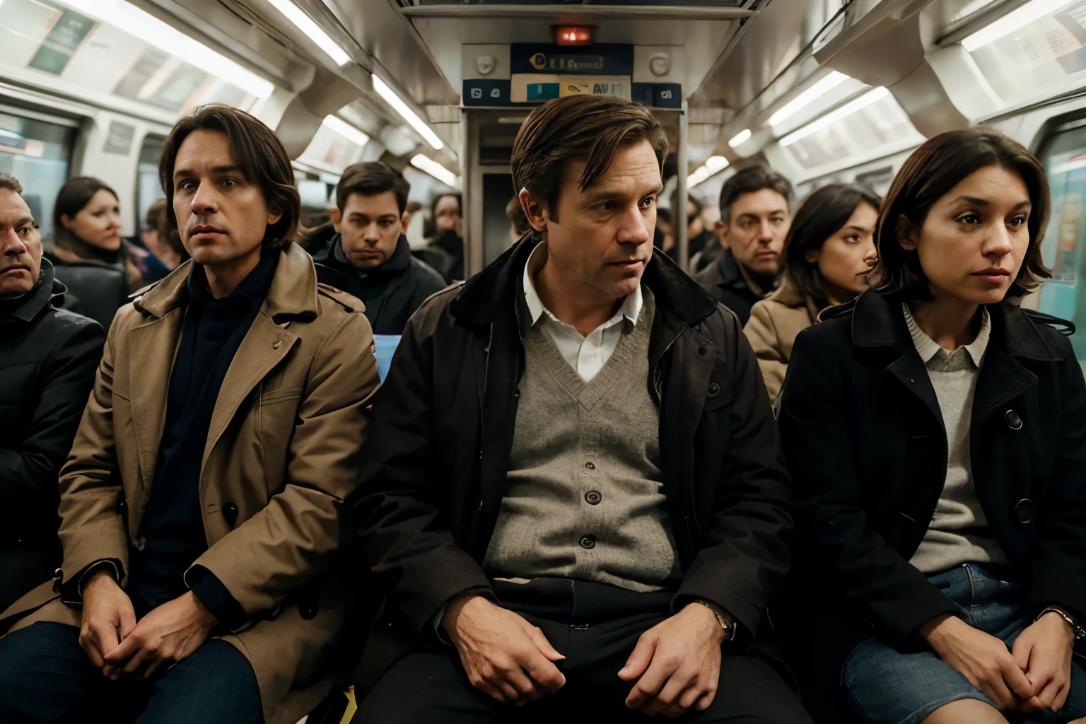 A middle aged white man with short brown hair sitting in the middle seat of a subway train in New York with people sitting next to him. Hes in a coat. The scene is cinematic, its very long horizontally 