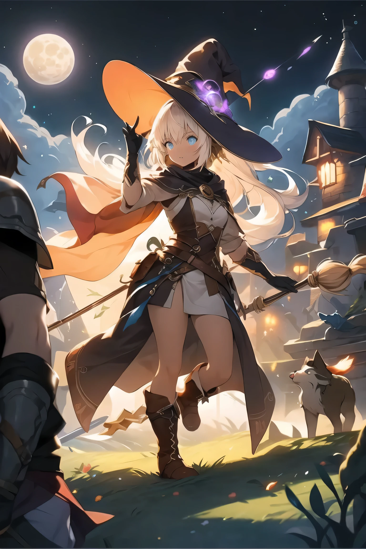 masterpiece, highest quality, ultra-detaileded, figure, 1 girl, alone, fantasy, flight, broom, night sky, outdoor, magic, incantation, moon, performer, cloud, Wind, hair, cape, have, boots, broomstick, shine, Mysterious, fascinating, Whimsical, playful, adventurous, free, wonder, imagine, Decide, skill, speed, movement, energy, realism, naturalistic, figurative, representative, beauty, fantasy culture, myth, fairy tale, folklore, Legend, witch, wizard, magical creatures, fantasy worlds, composition, scale, Qianfang, midway point, background, perspective, light, color, texture, detailed, beauty, wonder
