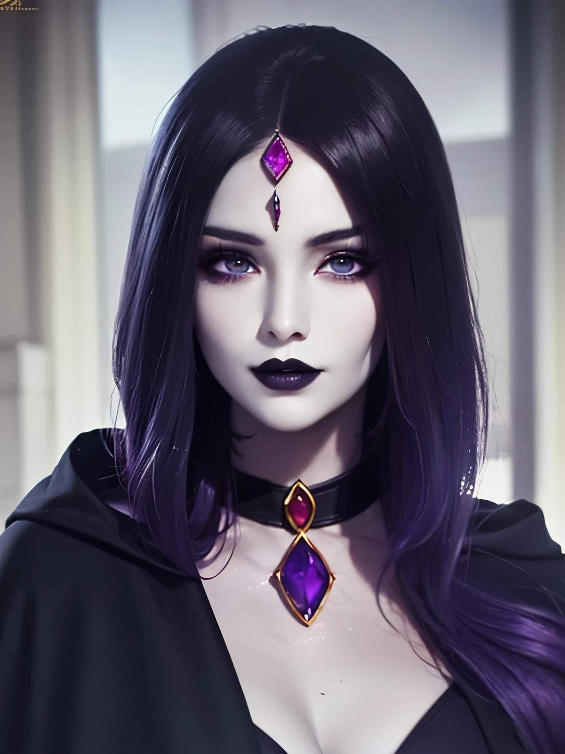 (Best Quality, 8k, Masterpiece, UHD), (Photo of Attractive Caucasian Gothic model Woman with tattoos), solo 1Girl as Raven, ((gemstone on forehead)), heavy makeup , cape, choker,very pale skin,Ultra Detailed Face, Detailed Lips, Fine Eyes, black lipstick, Fine Eyes