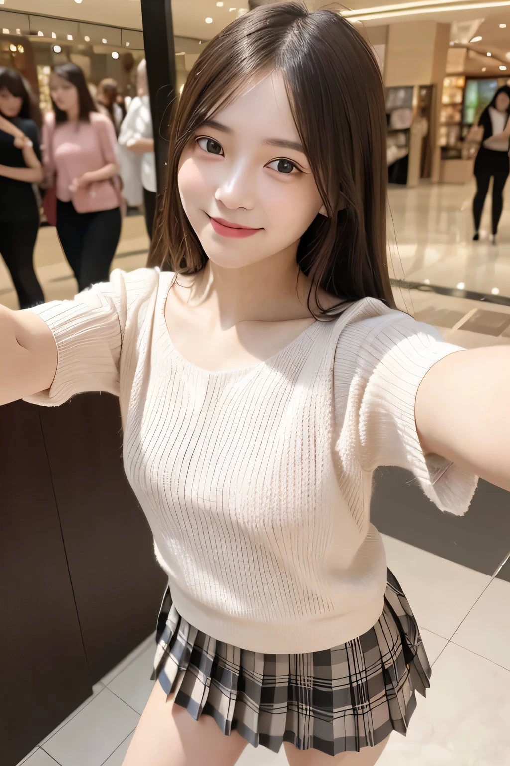 pieces fly、masterpiece、highest quality、Super detailed、High resolution、High resolution、8K portrait、unity 8k wallpaper、Detailed CG、unity 8k wallpaper、Detailed CGユニティ8kの壁紙、realistic、real person、portrait photography、shiny skin、(20-year-old:1.2)、(cute:1.2)、High resolution、beautiful clear eyes、very detailed explanation、delicate face、cute face、nice lips、thin waist、thin legs、(eight-headed body:1.4)、1 girl、(Shopping mall:1.2)、(flat chest:1.4)、(Short sleeve sweater:1.3)、(pleated skirt:1.3)、(big smile:1.2)、(Self snap:1.6)、(small face:1.4)、(No bra:1.4)