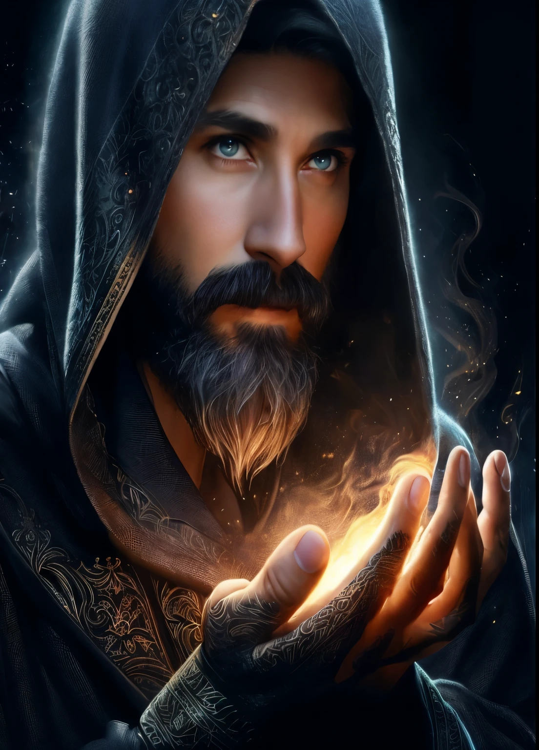 artistic fantasy, fantasy art, handsome male magician 40 years old with a beard in a hood of a black robe, black background, close-up face, light from below backlight, cunning look, beautifully folded hands, magic, mysticism, digital painting