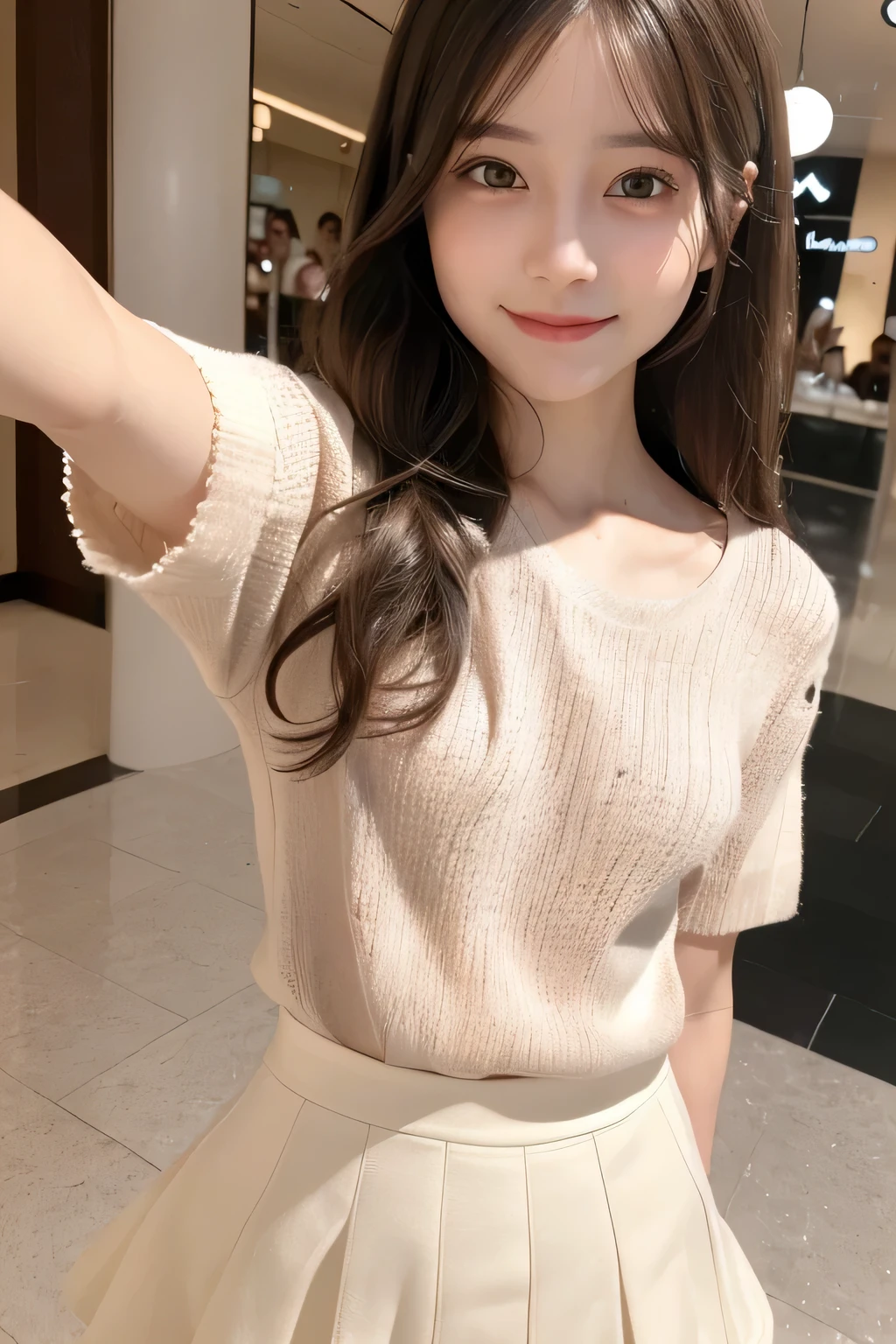 pieces fly、masterpiece、highest quality、Super detailed、High resolution、High resolution、8K portrait、unity 8k wallpaper、Detailed CG、unity 8k wallpaper、Detailed CGユニティ8kの壁紙、realistic、real person、portrait photography、shiny skin、(20-year-old:1.2)、(cute:1.2)、High resolution、beautiful clear eyes、very detailed explanation、delicate face、cute face、nice lips、thin waist、thin legs、(eight-headed body:1.6)、1 girl、(Shopping mall:1.2)、(flat chest:1.4)、(Short sleeve sweater:1.3)、(flare skirt:1.3)、(big smile:1.2)、(Self snap:1.6)、(small face:1.4)、(wavy hair:1.2)、(No bra:1.4)