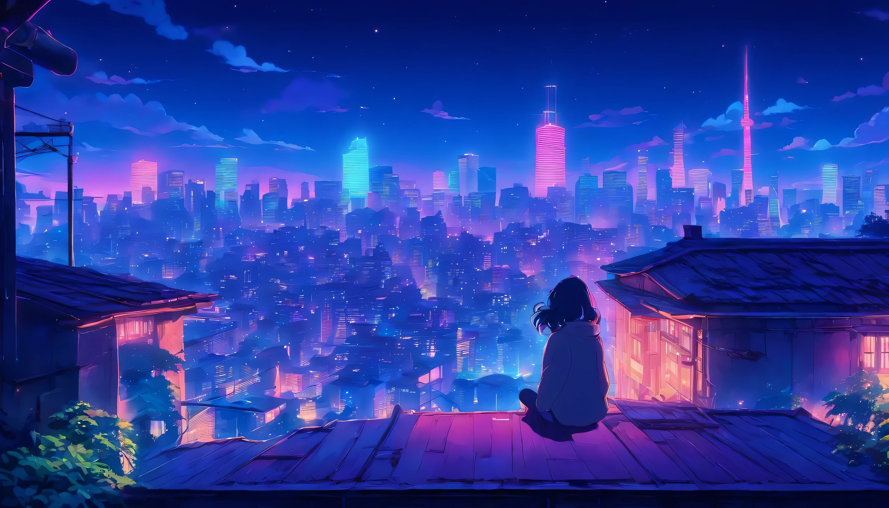 (Lofi), A girl sitting on the rooftop of an old house, Lo-fi image,retro, flat,2.5d, night light, rooftop view, neon scape, beautiful colorful night sky,stars ,analog color theme, fantasy ,line art, ink drawing, big ink line, watercolor, goauche color, studio Ghibli style, awesome colorful, outurn, synthwave, lofi art,90s style,old texture, amplitude,90s atmosphere, masterpiece, massive skills