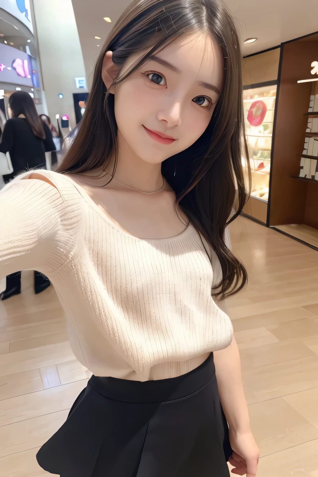 pieces fly、masterpiece、highest quality、Super detailed、High resolution、High resolution、8K portrait、unity 8k wallpaper、Detailed CG、unity 8k wallpaper、Detailed CGユニティ8kの壁紙、realistic、real person、portrait photography、shiny skin、(20-year-old:1.2)、(cute:1.2)、High resolution、beautiful clear eyes、very detailed explanation、delicate face、cute face、nice lips、thin waist、thin legs、(eight-headed body:1.6)、1 girl、(Shopping mall:1.2)、(flat chest:1.4)、(Short sleeve sweater:1.3)、(flare skirt:1.3)、(big smile:1.2)、(Self snap:1.6)、(small face:1.4)、(wavy hair:1.2)、(No bra:1.4)