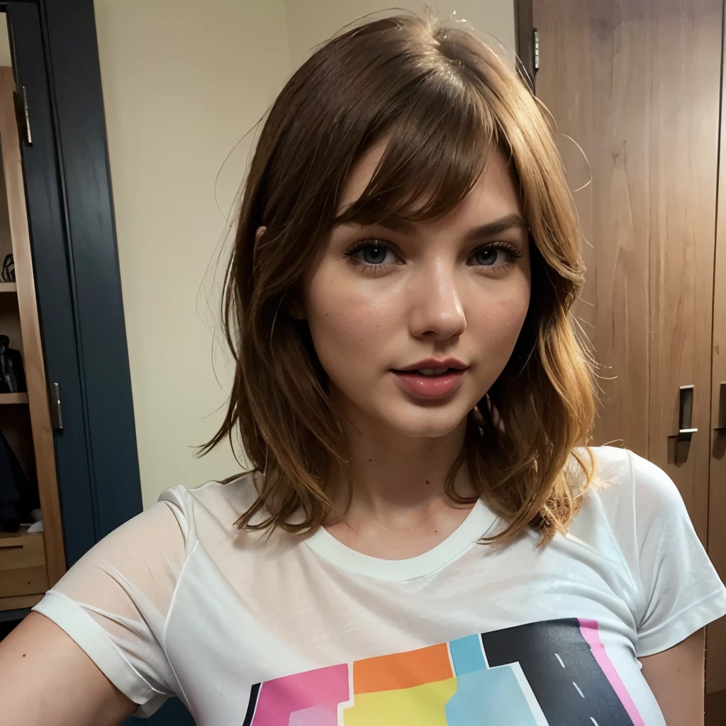 Amateur photo of a gorgeous woman teasing, looking at viewer, ((tongue out)) , sexy, plump, perfect body, casual clothes, (tight sports t-shirt), (team sports t-shirt), ((colorful t-shirt)), sports team logo, girl next door, white skin, subtle smile, lips apart, red lipstick, black eyeliner, face ( (taylorswift) | gemma chan | chubby drew barrymore | kirsten dunst ) , auburn, light brown hair, red hair, short hair, hair attached, hair bun, hair fringe, ((big natural breasts)) , ((long saggy breasts)) , amateur photo, iPhone X,