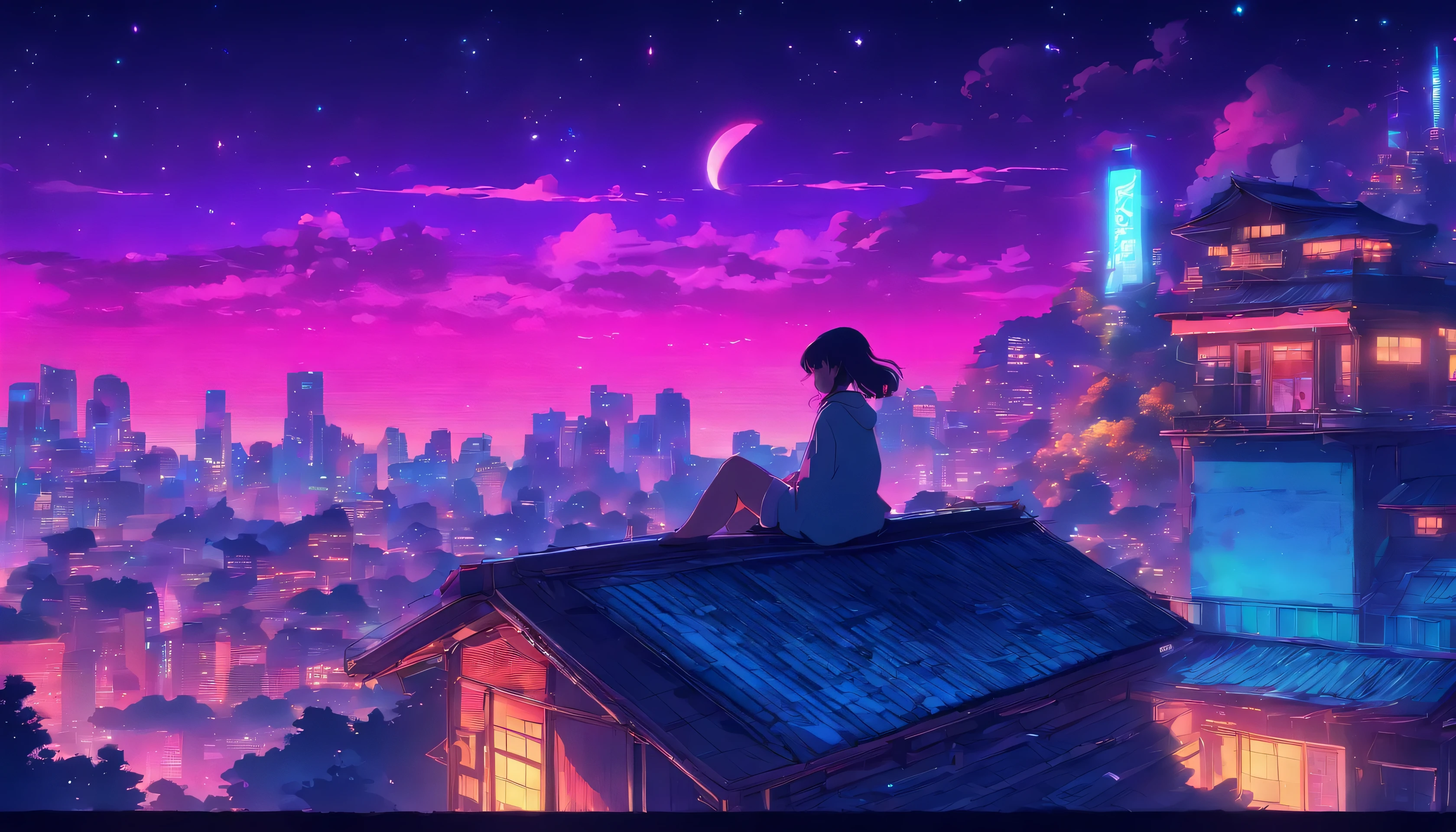(Lofi), A girl sitting on the rooftop of an old house, Lo-fi image,retro, flat,2.5d, night light, rooftop view, neon scape, beautiful colorful night sky,stars ,analog color theme, fantasy ,line art, ink drawing, big ink line, watercolor, goauche color, studio Ghibli style, awesome colorful, outurn, synthwave, lofi art,90s style,old texture, amplitude,90s atmosphere, masterpiece, massive skills