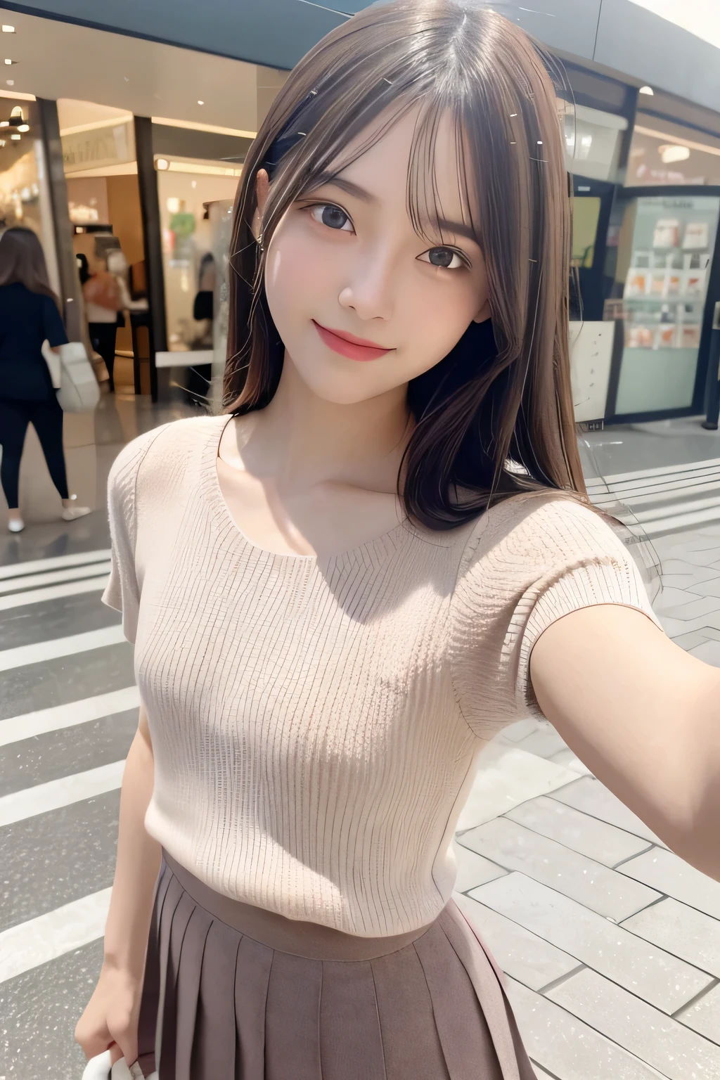 pieces fly、masterpiece、highest quality、Super detailed、High resolution、High resolution、8K portrait、unity 8k wallpaper、Detailed CG、unity 8k wallpaper、Detailed CGユニティ8kの壁紙、realistic、real person、portrait photography、shiny skin、(20-year-old:1.2)、(cute:1.2)、High resolution、beautiful clear eyes、very detailed explanation、delicate face、cute face、nice lips、thin waist、thin legs、(eight-headed body:1.4)、1 girl、(Shopping mall:1.2)、(flat chest:1.4)、(Short sleeve sweater:1.3)、(pleated skirt:1.3)、(big smile:1.2)、(Self snap:1.6)、(small face:1.4)、(No bra:1.4)