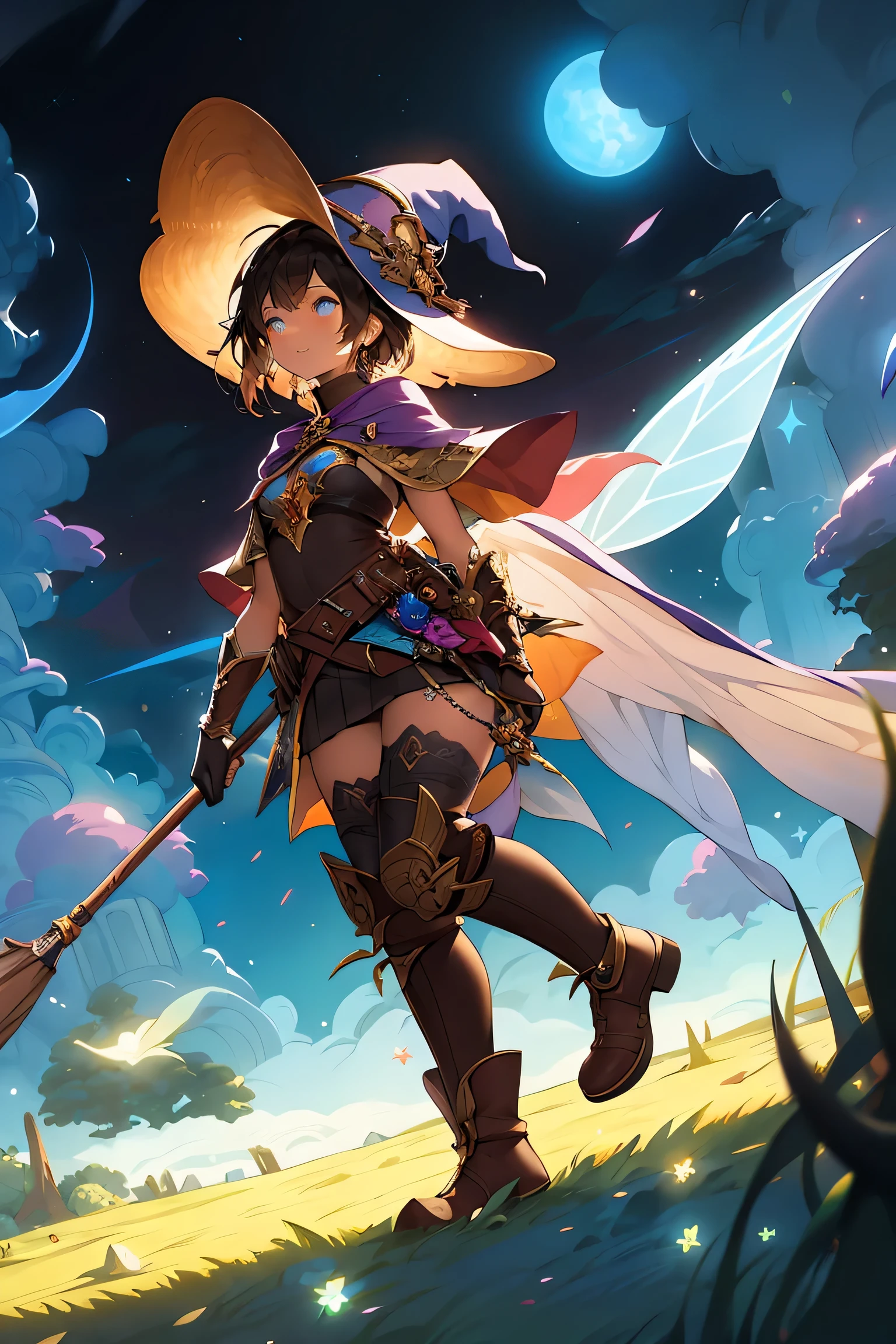 masterpiece, highest quality, ultra-detaileded, figure, 1 girl, alone, fantasy, flight, broom, night sky, outdoor, magic, incantation, moon, performer, cloud, Wind, hair, cape, have, boots, broomstick, shine, Mysterious, fascinating, Whimsical, playful, adventurous, free, wonder, imagine, Decide, skill, speed, movement, energy, realism, naturalistic, figurative, representative, beauty, fantasy culture, myth, fairy tale, folklore, Legend, witch, wizard, magical creatures, fantasy worlds, composition, scale, Qianfang, midway point, background, perspective, light, color, texture, detailed, beauty, wonder