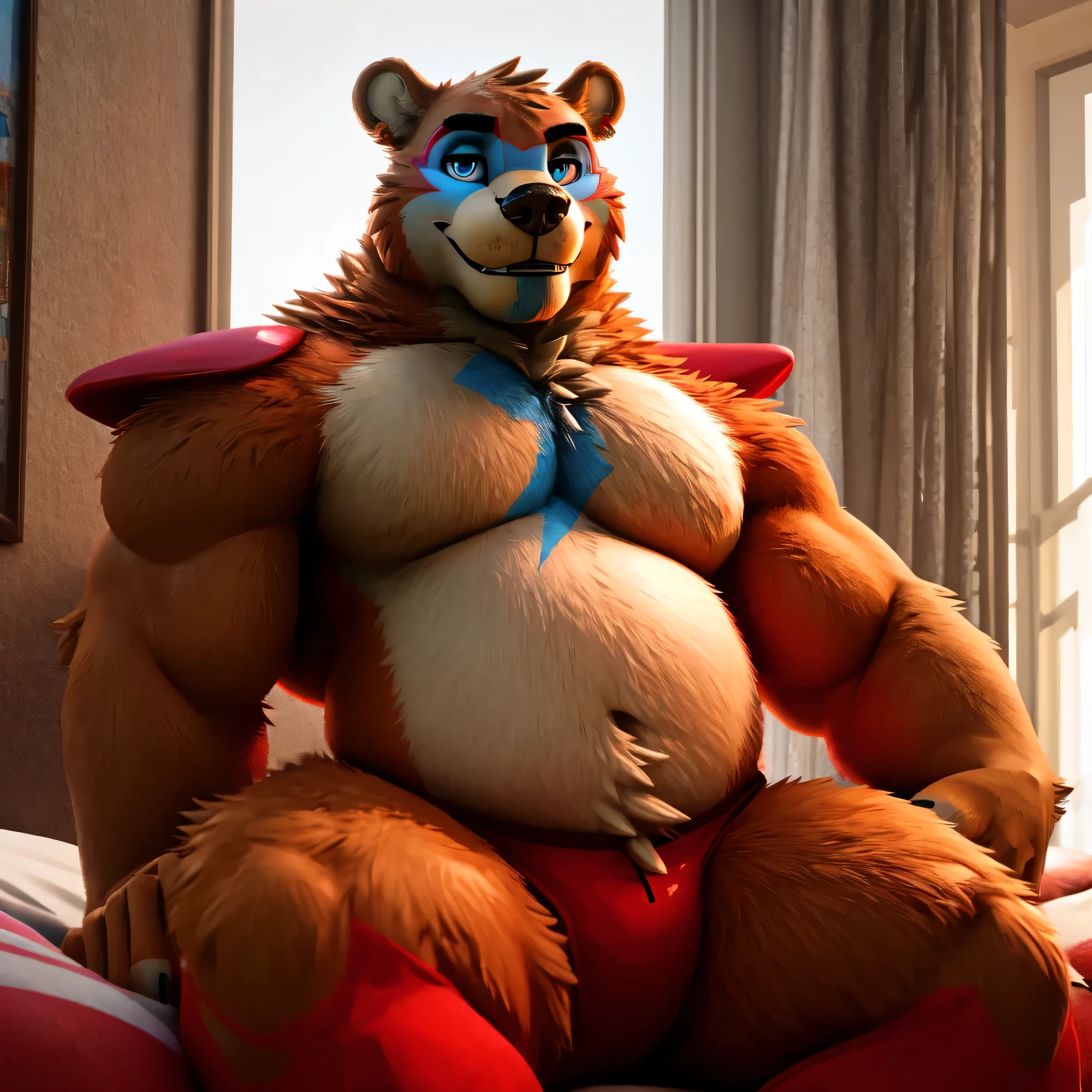 3D render, male, solo, bear, full body, beefy, Muscle, Delicate face, Delicate eyes, realistic, masterpiece, Ultra highest quality, unreal engine, trending on ArtStation, Intricate, High Detail, dramatic, realism, realistic, sitting, bara, muscle, furry, day, bed, looking_at_viewer, Ultra detailed eyes, Ultra detailed body, Ultra detailed face, bright room, expressive, masculine, devilish smirk) 8k HD, hdr, masterpiece, full body, musclegut, (by jumpyjackal