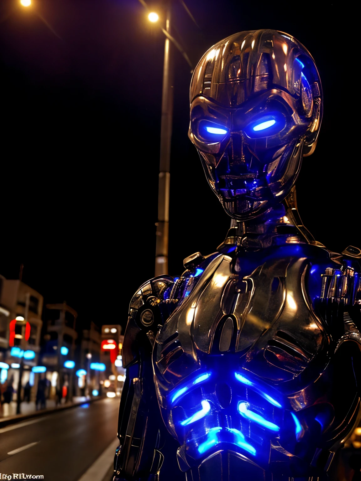 realistic, (T-X endo), (T-X Endoskeleton), (detailed T-X endoskeleton), (ultrarealistic T-X endo:1.2), t-x endo in a city street, a robot girl in a tokyo street, chrome skin, blue lights, night time, dark lighting, (deep focus), (sharp details), (detailed environment:1.0), (best quality), (highres), (HDR), (8K:1.2)