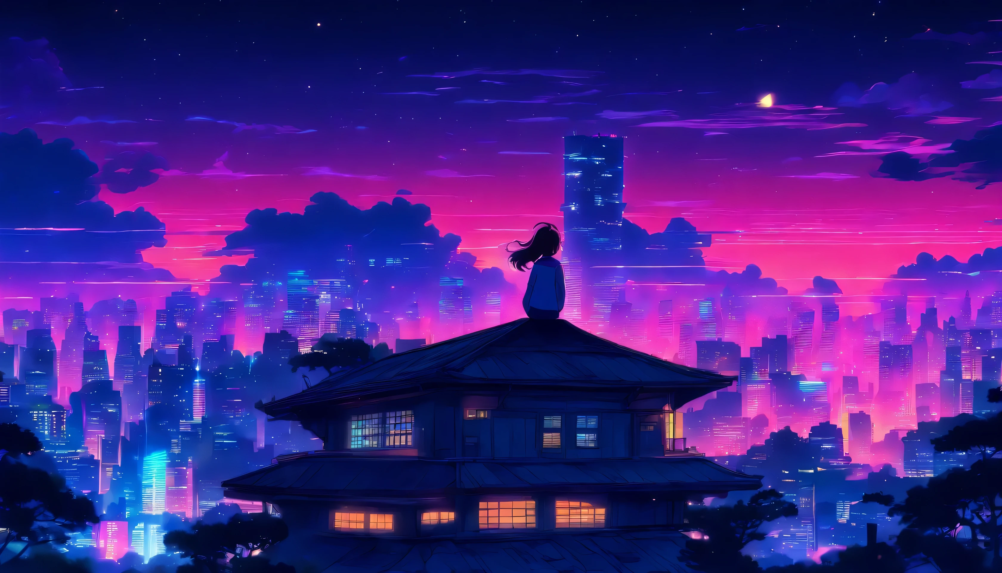 (Lofi), A girl sitting on the rooftop of an old house, Lo-fi image,retro, flat,2.5d, night light, rooftop view, neon scape, beautiful colorful night sky,stars ,analog color theme, fantasy ,line art, ink drawing, big ink line, watercolor, goauche color, studio Ghibli style, awesome colorful, outurn, synthwave, lofi art,90s style,old texture, amplitude,90s atmosphere, masterpiece, massive skills