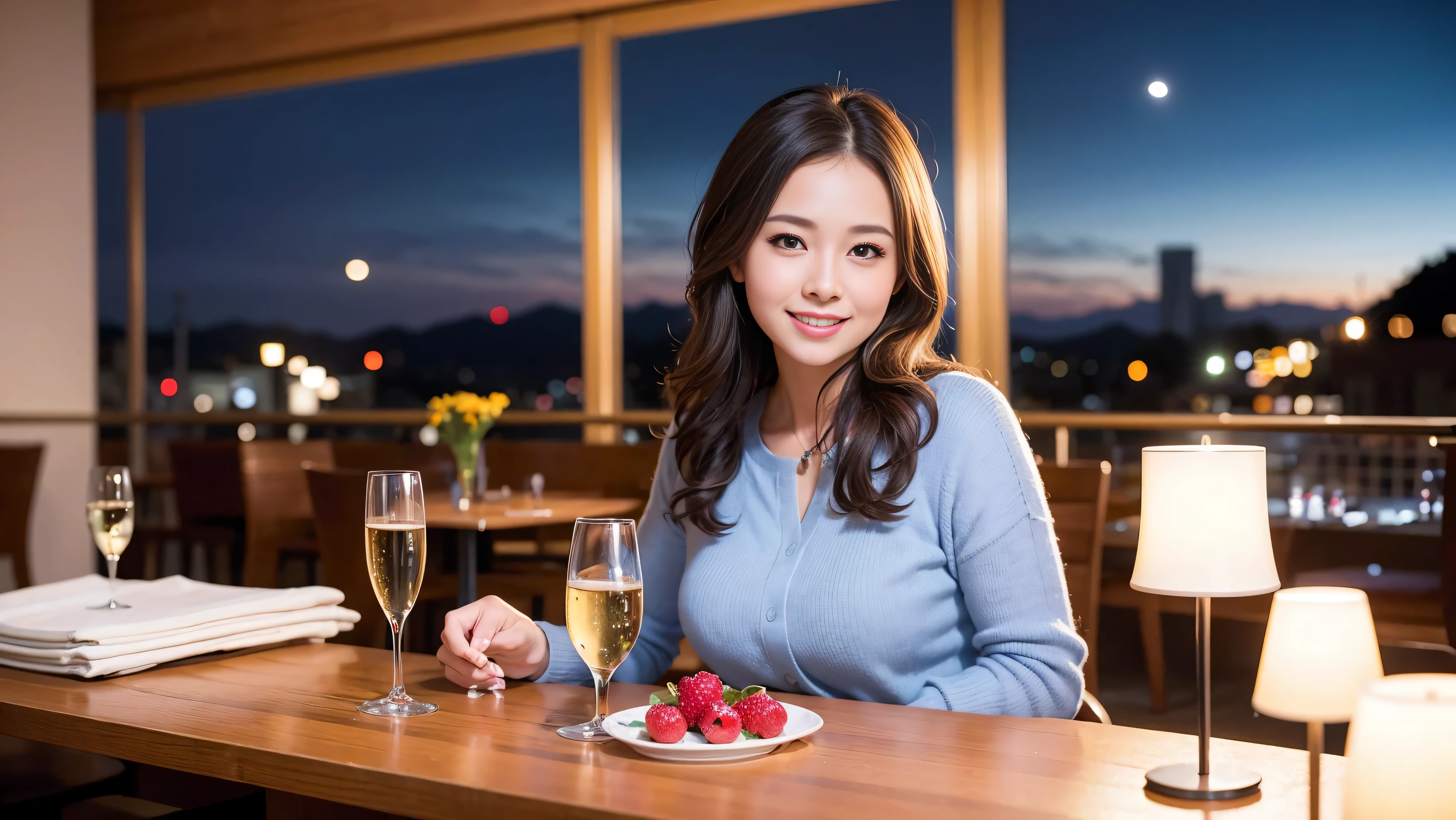 64k, UHD, highest quality, masterpiece: 1.2), (realistic, photorealistic: 1.37), Super detailed, There are many wine fans.、(slimな男女4名),(Wine party for 5 people)、(slimフェイス),Happy、 最高なsmile、Fox Face、Raccoon face、Berry Short、(because I'thin), (brown hair), (shortcut), long sleeve shirt、winter fashion、Colombia、Brazilian、Japanese、Dutch、German、Portuguese、Belgian、Italian、french,champagne、Sparkling wine、 (gush), (slimボティ), (brown hair), (shortcut), Neat beauty、cheeks blush a little, (35 years old), 38 years old, alone, A beautiful and detailed night view spreads out outside the window..., restaurant, wine glassが座っている, At night, in a prominent place (from the Upper body) nova frog style, actress, model, Upper body, White wine, slim, wine glass, very beautiful night view, wine glass Put in the Middle, Happy smile, (smile: 1.15),