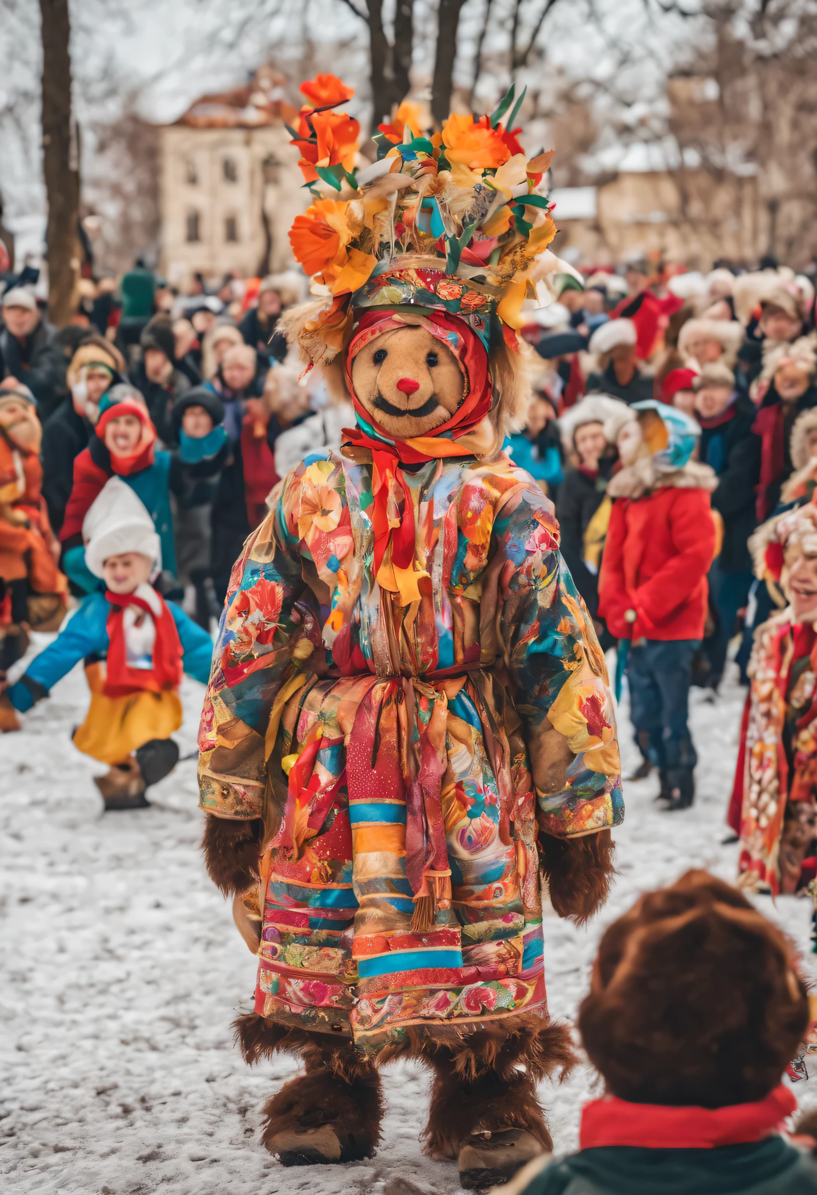 The photo shows the bright and joyful atmosphere of the Maslenitsa holiday.. People are visible around, dressed in bright outfits, which reflect the traditional elements of this holiday.

A large wooden effigy of Maslenitsa stands or sits in the center of the frame..., what symbolizes farewell to winter. The scarecrow can be decorated with colorful ribbons., paper and other decorative elements. People gathered around the scarecrow, to have a fun conversation., Sing, dance and play folk instruments.

In the background you can see a variety of attractions and entertainment for children and adults.: carousel, Games, fairs with food and crafts.

People may have Carly pies in their hands., Pancakes, oil, honey and other symbolic treats, which are traditionally eaten during Maslenitsa. Laughter can be heard in the background, songs and funny conversations, creating an atmosphere of joy and celebration.

The atmosphere in the photo resembles, how people have fun and celebrate this ancient Slavic holiday, Let&#39;s get together, spend the winter and welcome spring with optimism and joy.