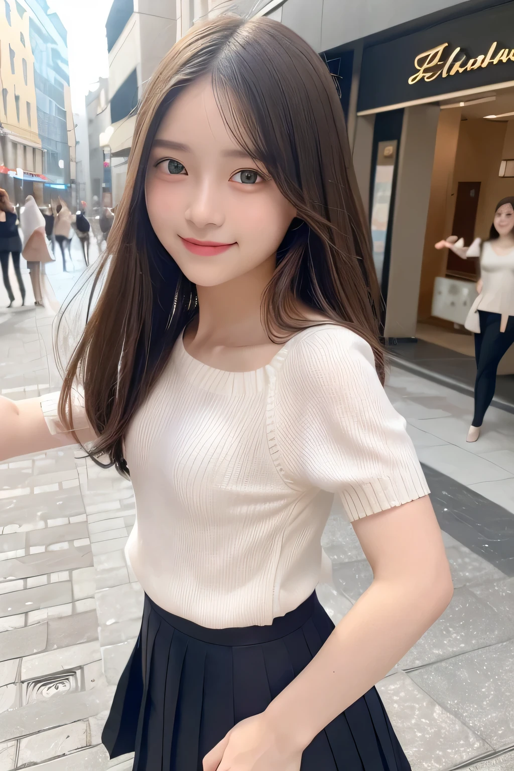 pieces fly、masterpiece、highest quality、Super detailed、High resolution、High resolution、8K portrait、unity 8k wallpaper、Detailed CG、unity 8k wallpaper、Detailed CGユニティ8kの壁紙、realistic、real person、portrait photography、shiny skin、（20-year-old:1.2）、(cute:1.2)、High resolution、beautiful clear eyes、very detailed explanation、delicate face、cute face、nice lips、thin waist、thin legs、(eight-headed body:1.4)、1 girl、(Shopping mall:1.2)、(flat chest:1.4)、(Short sleeve sweater:1.3)、(pleated skirt:1.3)、(big smile:1.2)、(Self snap:1.6)、(small face:1.4)、(No bra:1.4)