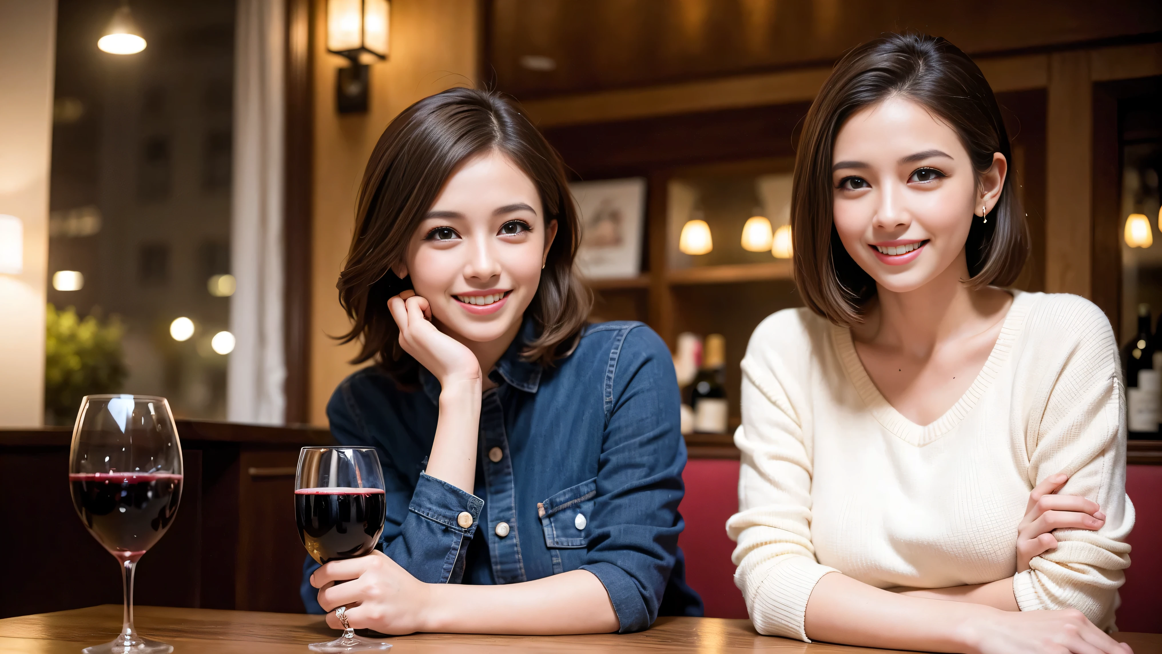 64k, UHD, highest quality, masterpiece: 1.2), (realistic, photorealistic: 1.37), Super detailed, There are many wine fans.、(slimな男女4名),(Wine party for 5 people)、(slimフェイス),Happy、 最高なsmile、Fox Face、Raccoon face、Berry Short、(because I'thin), (brown hair), (shortcut), long sleeve shirt、winter fashion、Colombia、Brazilian、Japanese、Dutch、German、Portuguese、Belgian、Italian、french,champagne、Sparkling wine、 (gush), (slimボティ), (brown hair), (shortcut), Neat beauty、cheeks blush a little, (35 years old), 38 years old, alone, A beautiful and detailed night view spreads out outside the window..., restaurant, wine glassが座っている, At night, in a prominent place (from the Upper body) nova frog style, actress, model, Upper body, White wine, slim, wine glass, very beautiful night view, wine glass Put in the Middle, Happy smile, (smile: 1.15),