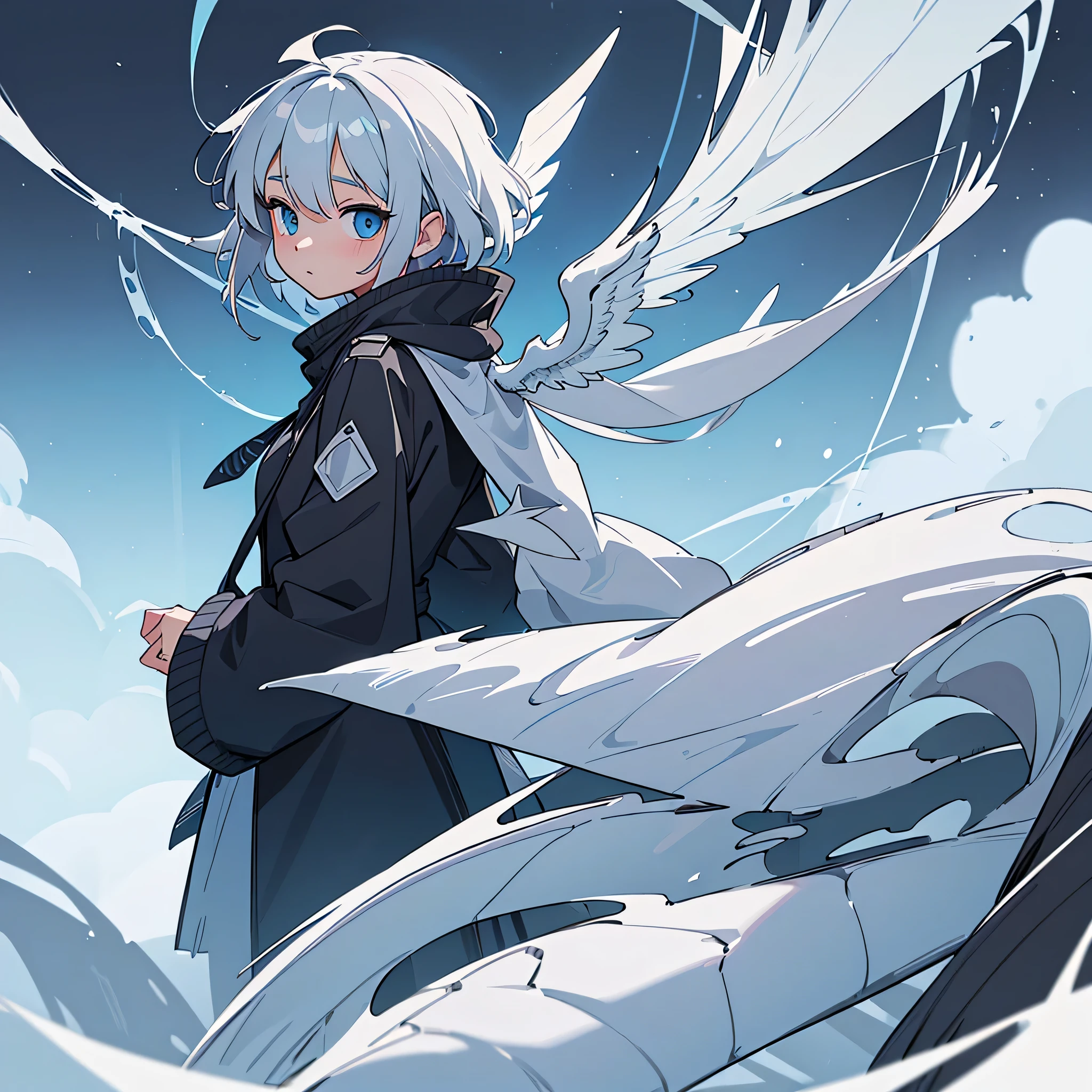 (masterpiece, highest quality, highest quality), messy hair,black_trench coat,Light blue_scarf,oversized clothes,short hair,girl,gray hair,blue eyes.White dragon wings on the back,has a white dragon tail,Hands hidden in sleeves.alone,Moe sleeves