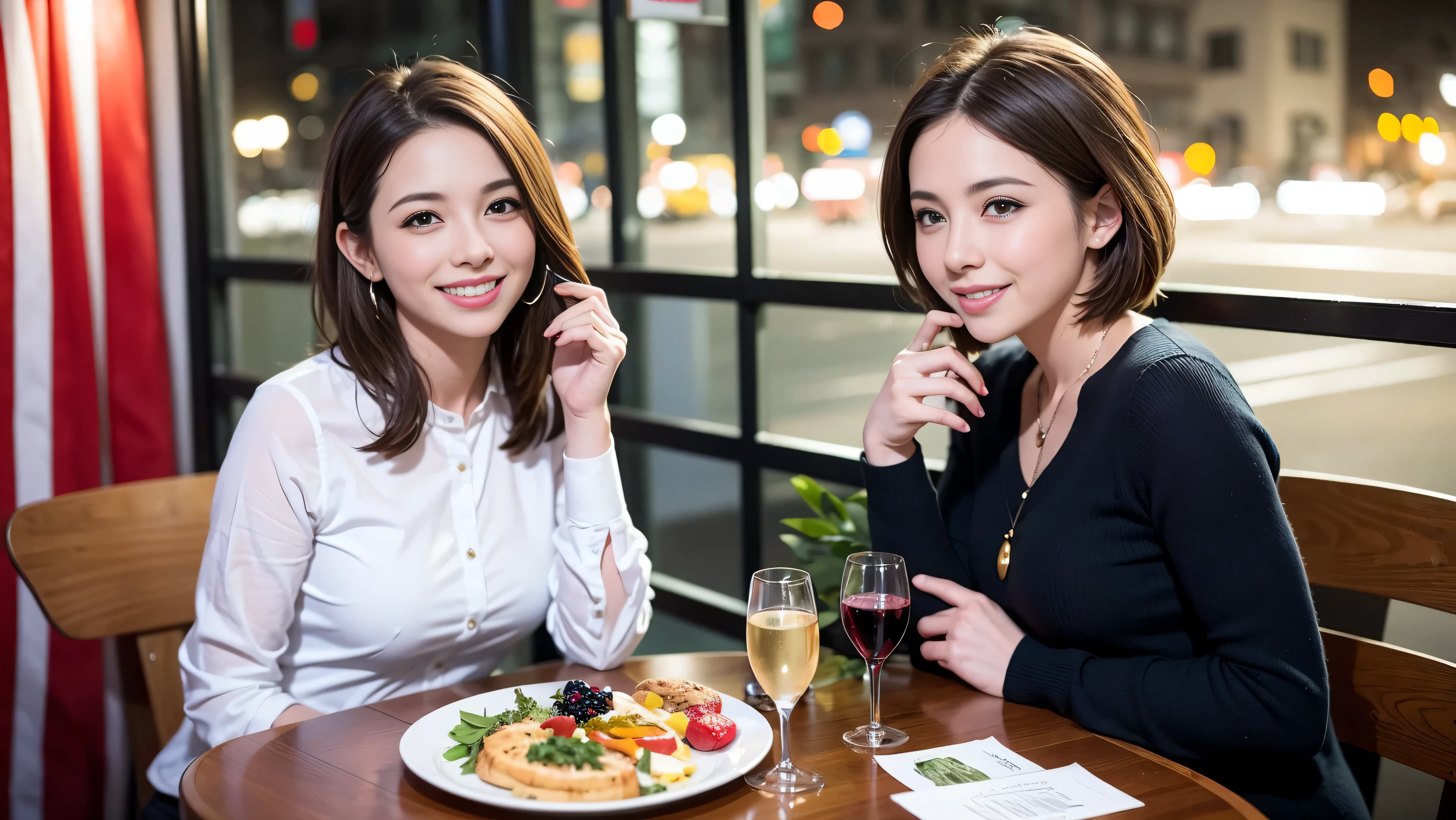 64k, UHD, highest quality, masterpiece: 1.2), (realistic, photorealistic: 1.37), Super detailed, There are many wine fans.、(slimな男女4名),(Wine party for 5 people)、(slimフェイス),Happy、 最高なsmile、Fox Face、Raccoon face、Berry Short、(because I'thin), (brown hair), (shortcut), long sleeve shirt、winter fashion、Colombia、Brazilian、Japanese、Dutch、German、Portuguese、Belgian、Italian、french,champagne、Sparkling wine、 (gush), (slimボティ), (brown hair), (shortcut), Neat beauty、cheeks blush a little, (35 years old), 38 years old, alone, A beautiful and detailed night view spreads out outside the window..., restaurant, wine glassが座っている, At night, in a prominent place (from the Upper body) nova frog style, actress, model, Upper body, White wine, slim, wine glass, very beautiful night view, wine glass Put in the Middle, Happy smile, (smile: 1.15),