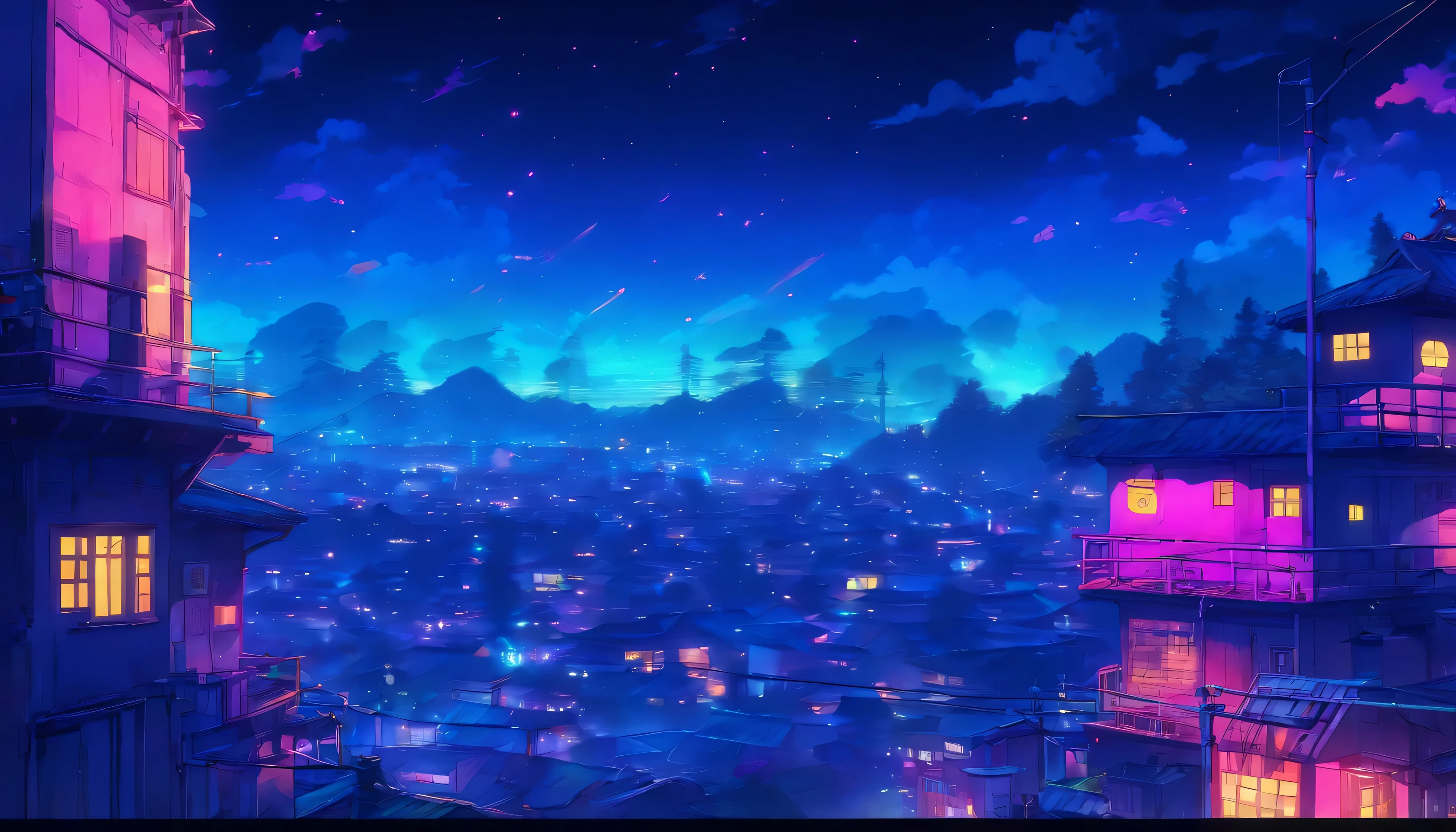 (Lofi), A girl sitting on the rooftop of an old house, Lo-fi image,retro, flat,2.5d, night light, rooftop view, neon scape, beautiful colorful night sky,stars ,analog color theme, fantasy ,line art, ink drawing, big ink line, watercolor, goauche color, studio Ghibli style, awesome colorful, outurn, synthwave, lofi art,90s style,old texture, amplitude,90s atmosphere, masterpiece, massive skills