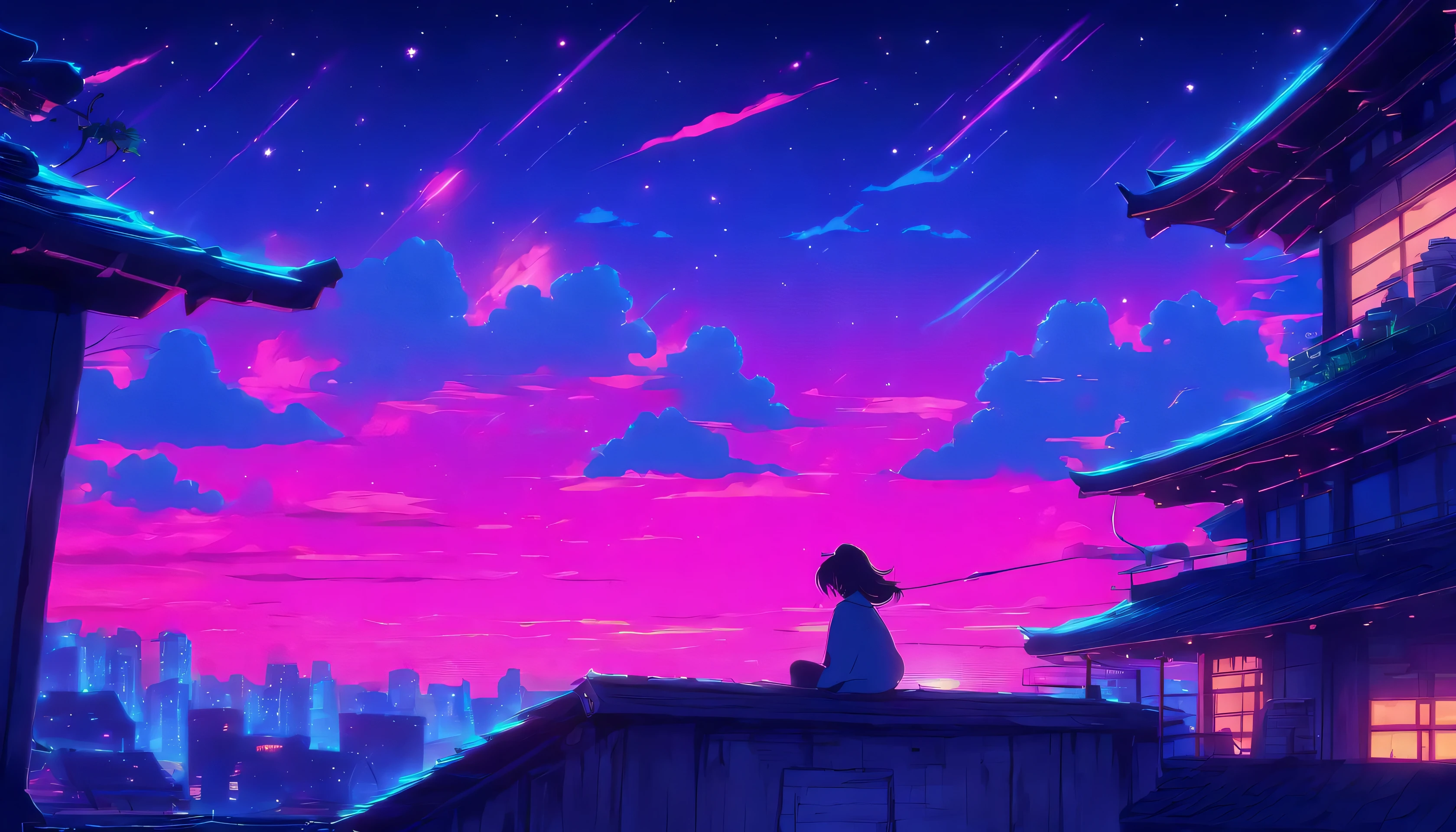 (Lofi), A girl sitting on the rooftop of an old house, Lo-fi image,retro, flat,2.5d, night light, rooftop view, neon scape, beautiful colorful night sky,stars ,analog color theme, fantasy ,line art, ink drawing, big ink line, watercolor, goauche color, studio Ghibli style, awesome colorful, outurn, synthwave, lofi art,90s style,old texture, amplitude,90s atmosphere, masterpiece, massive skills