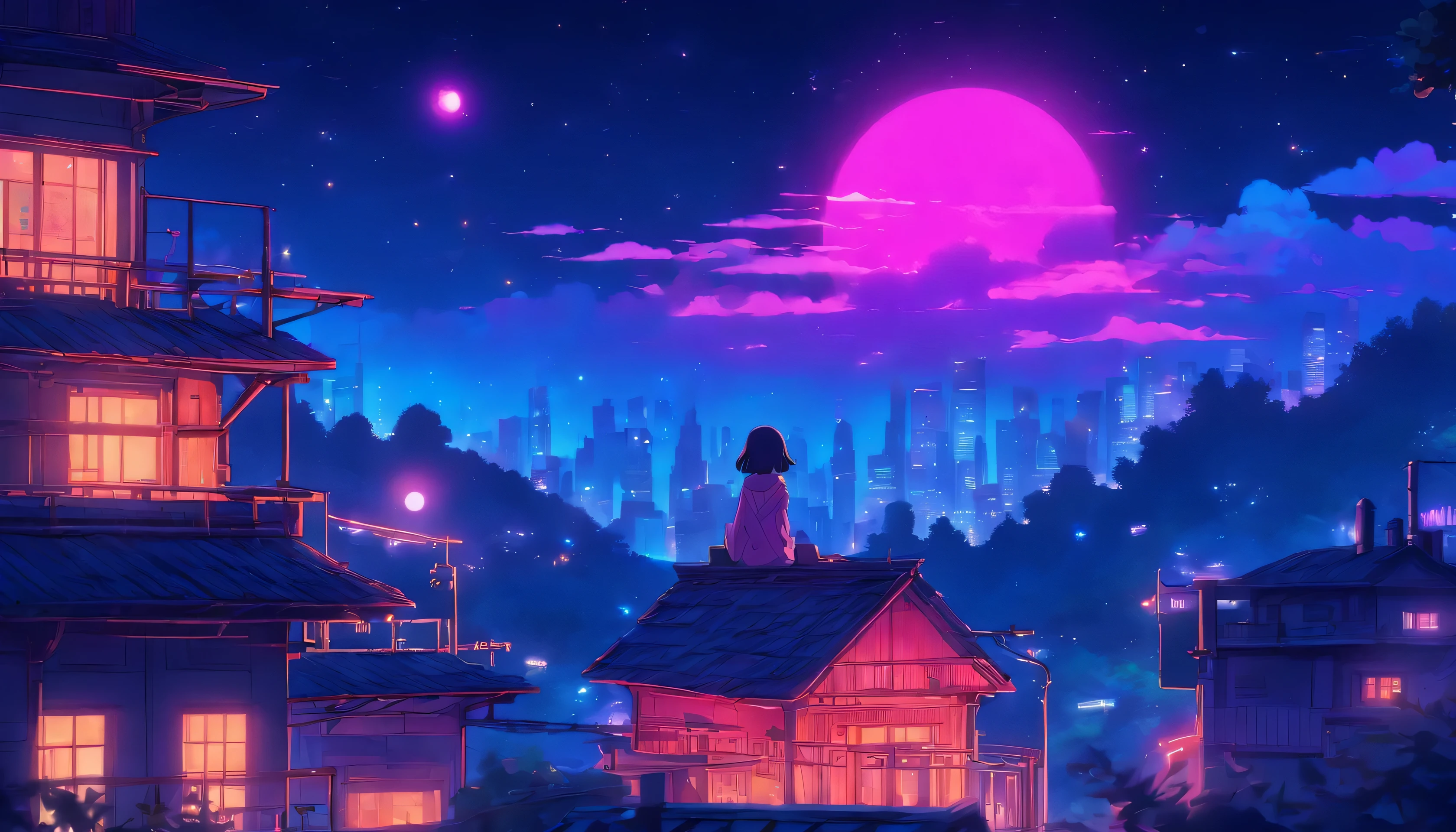 (Lofi), A girl sitting on the rooftop of an old house, Lo-fi image,retro, flat,2.5d, night light, rooftop view, neon scape, beautiful colorful night sky,stars ,analog color theme, fantasy ,line art, ink drawing, big ink line, watercolor, goauche color, studio Ghibli style, awesome colorful, outurn, synthwave, lofi art,90s style,old texture, amplitude,90s atmosphere, masterpiece, massive skills
