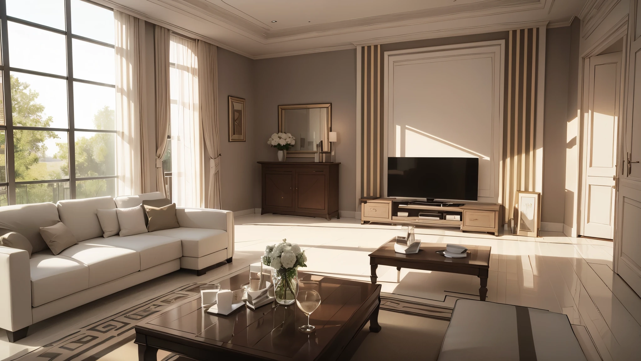 You are a famous interior designer、You have been asked to create a 3D image of a modern large room. Create a harmonious environment with modern and minimalist furniture. Including garden interior.