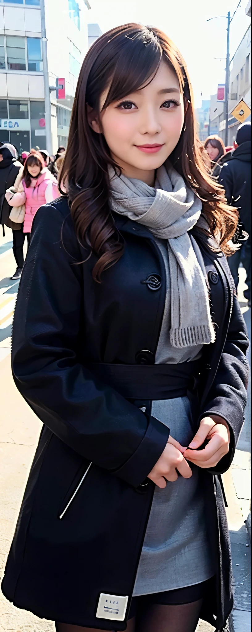 (Photorealistic), (ultra high realistic), (Ultra high definition), (ultra high detailed), (Increase contrast), (Increase saturation), (15yo girl), A pretty woman with perfect figure, Cute face, Beautiful expression, (Lifelike face), Beautiful hairstyle, Realistic eyes, beautiful detail, (real looking skin、Snow-white skin), Beautiful skins, enticing, The ultra -The high-definition, A hyper-realistic, Realistic, Very detailed, Japanese, semi long hair, bangss), (Light brown short wool coat and knee-high boots、japanese cute idol, Tartan check)((Extra short miniskirt、Tartan check)) Gentle smile, Brown hair, 、The cleavage looks bold、beutiful breast、thin-waist、along the river((Lean over the fence and stick your butt out))、Looking back、Angle from behind、medium-long shot