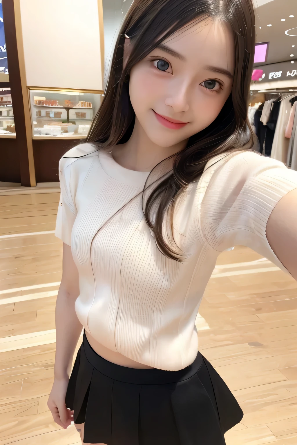 pieces fly、masterpiece、highest quality、Super detailed、High resolution、High resolution、8K portrait、unity 8k wallpaper、Detailed CG、unity 8k wallpaper、Detailed CGユニティ8kの壁紙、realistic、real person、portrait photography、shiny skin、(20-year-old:1.2)、(cute:1.2)、High resolution、beautiful clear eyes、very detailed explanation、delicate face、cute face、nice lips、thin waist、thin legs、(eight-headed body:1.6)、1 girl、(Shopping mall:1.2)、(flat chest:1.4)、(Short sleeve sweater:1.3)、(flare skirt:1.3)、(big smile:1.2)、(Self snap:1.6)、(small face:1.4)、(wavy hair:1.2)、(No bra:1.4)
