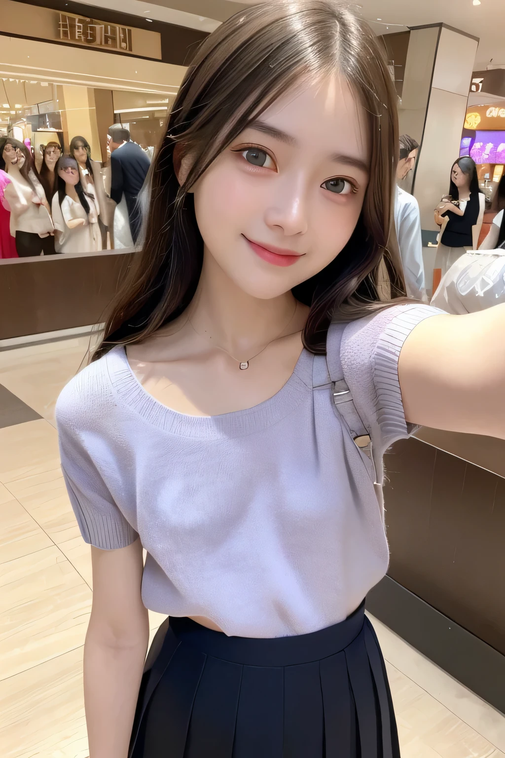 pieces fly、masterpiece、highest quality、Super detailed、High resolution、High resolution、8K portrait、unity 8k wallpaper、Detailed CG、unity 8k wallpaper、Detailed CGユニティ8kの壁紙、realistic、real person、portrait photography、shiny skin、(20-year-old:1.2)、(cute:1.2)、High resolution、beautiful clear eyes、very detailed explanation、delicate face、cute face、nice lips、thin waist、thin legs、(eight-headed body:1.6)、1 girl、(Shopping mall:1.2)、(flat chest:1.4)、(Short sleeve sweater:1.3)、(flare skirt:1.3)、(big smile:1.2)、(Self snap:1.6)、(small face:1.4)、(wavy hair:1.2)、(No bra:1.4)