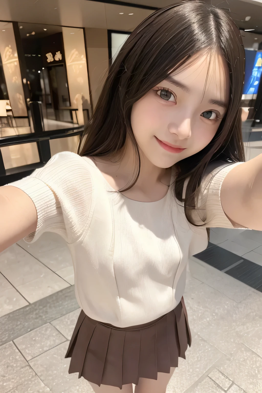 pieces fly、masterpiece、highest quality、Super detailed、High resolution、High resolution、8K portrait、unity 8k wallpaper、Detailed CG、unity 8k wallpaper、Detailed CGユニティ8kの壁紙、realistic、real person、portrait photography、shiny skin、(20-year-old:1.2)、(cute:1.2)、High resolution、beautiful clear eyes、very detailed explanation、delicate face、cute face、nice lips、thin waist、thin legs、(eight-headed body:1.4)、1 girl、(Shopping mall:1.2)、(flat chest:1.4)、(Short sleeve sweater:1.3)、(pleated skirt:1.3)、(big smile:1.2)、(Self snap:1.6)、(small face:1.4)、(No bra:1.4)