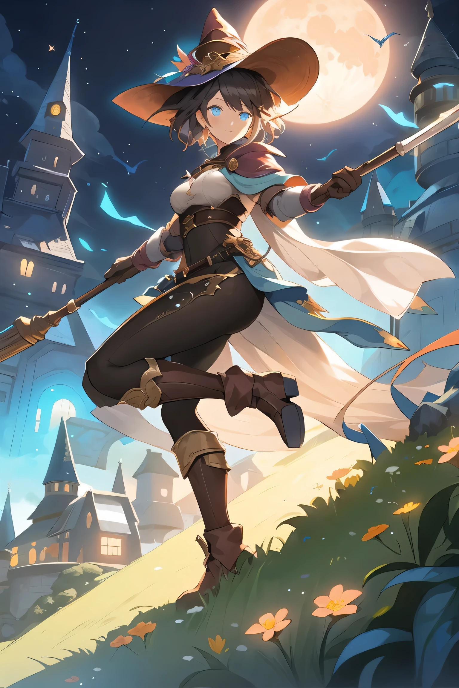 masterpiece, highest quality, ultra-detaileded, figure, 1 girl, alone, fantasy, flight, broom, night sky, outdoor, magic, incantation, moon, performer, cloud, Wind, hair, cape, have, boots, broomstick, shine, Mysterious, fascinating, Whimsical, playful, adventurous, free, wonder, imagine, Decide, skill, speed, movement, energy, realism, naturalistic, figurative, representative, beauty, fantasy culture, myth, fairy tale, folklore, Legend, witch, wizard, magical creatures, fantasy worlds, composition, scale, Qianfang, midway point, background, perspective, light, color, texture, detailed, beauty, wonder