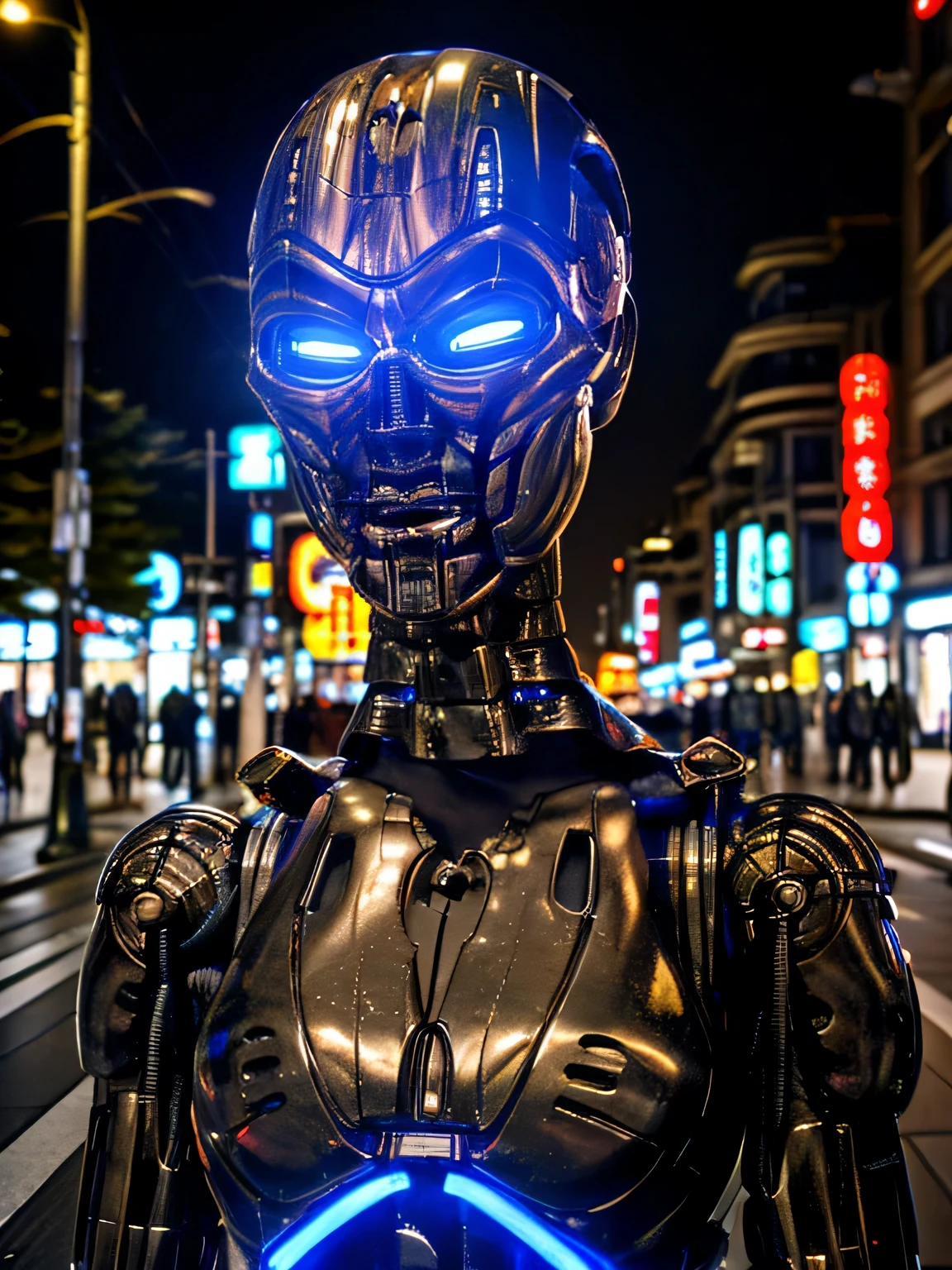 realistic photography, (T-X endo), (T-X Endoskeleton), (detailed T-X endoskeleton), (ultrarealistic T-X endo:1.2), front pov, t-x endo in a city street, a robot girl in a tokyo street, night time, realistic lighting, (deep focus), (bokeh), (best quality), (highres), (ultra HD), (8K:1.2)