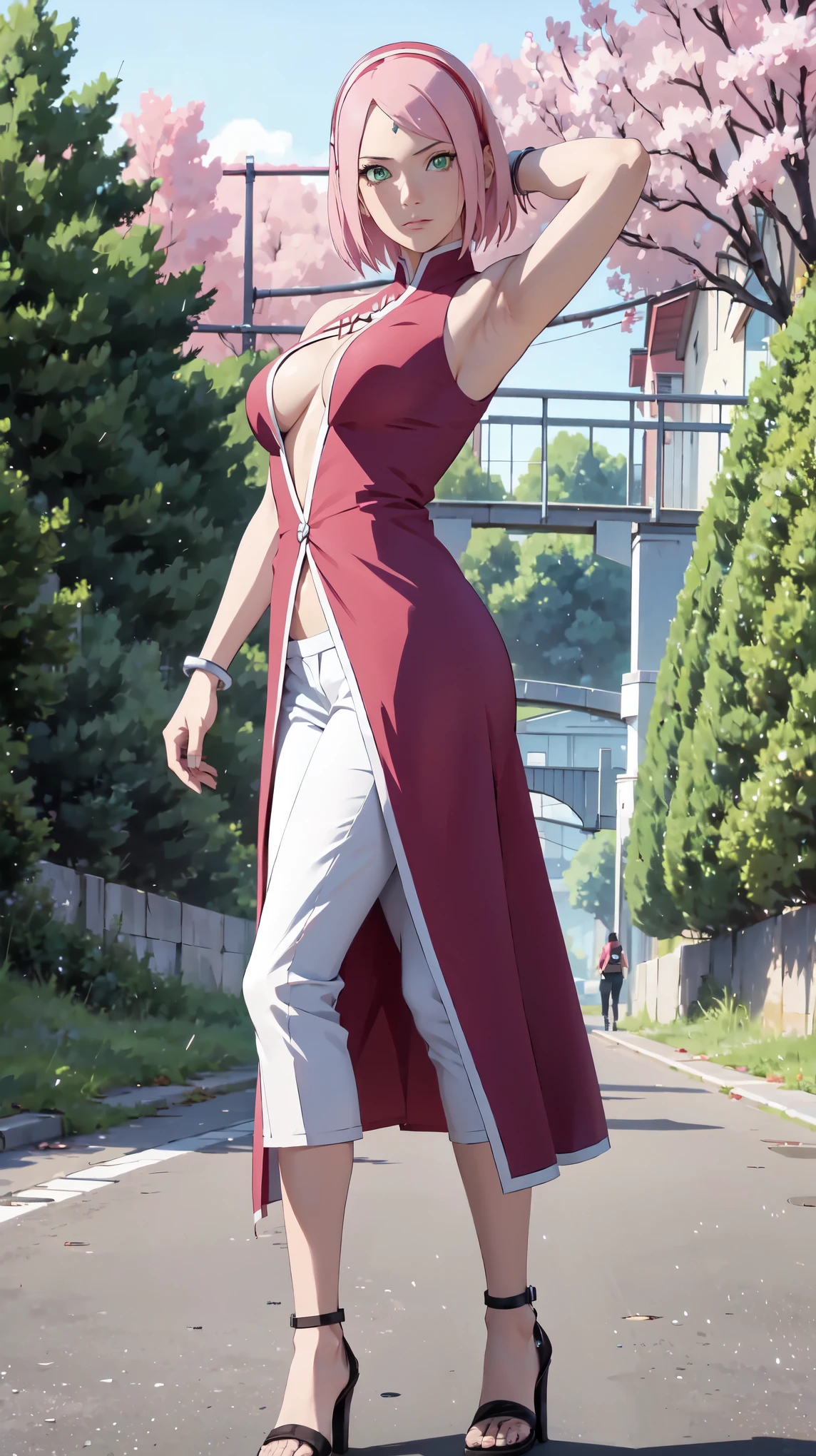 Masterpiece, stunning realistic, best quality, sharpness,highly detailed, 1 girl,sakura haruno,pink hair,green eyes,forehead mark,dunkelblaue raute auf der stirn,standing on a red bridge,pink trees in the background,sexy body,middle large breasts,arms behind head,braceletts,red dress,white pants,front view,full body