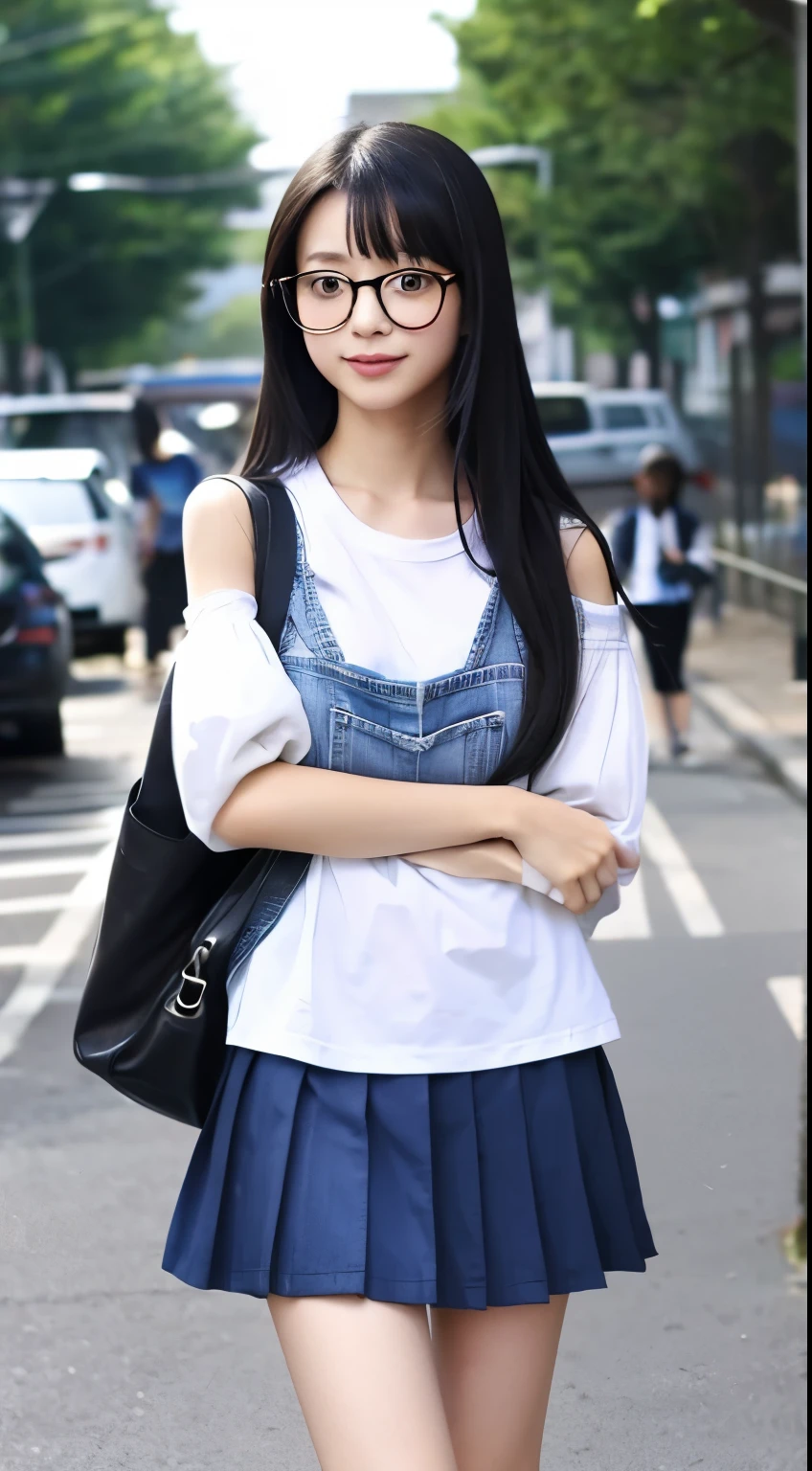 Japanese high school girl、long black hair、black rim glasses、White long-sleeved T-shirt with black sleeves and street style、Blue denim vest jacket open in front、black hot pants、bare feet