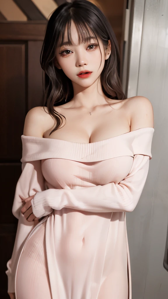 solo、Female 1、8k, RAW image、lively、Crisp double、long eyelashes、big breasts、cleavage emphasis、big cleavage、White V-neck off-shoulder that sticks to your skin、long sweater maxi dress、sweaty face，Shiny pink gloss lip、sexy lips、standing pose、get horny、sexy face、background bokeh、(full shot)、((、Sexual facial expressions、a seductive look)), (Thin small face、sharp chin、small mouth、)