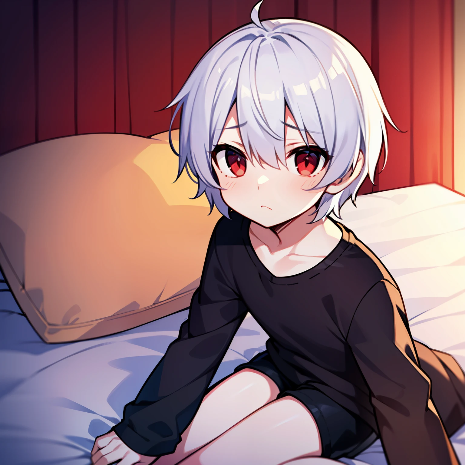 (high-quality, breathtaking),(expressive eyes, perfect face), 1boy, solo, short, young boy, short white hair, red eyes, black clothes, wear short shorts, sad, lying face up, on bed