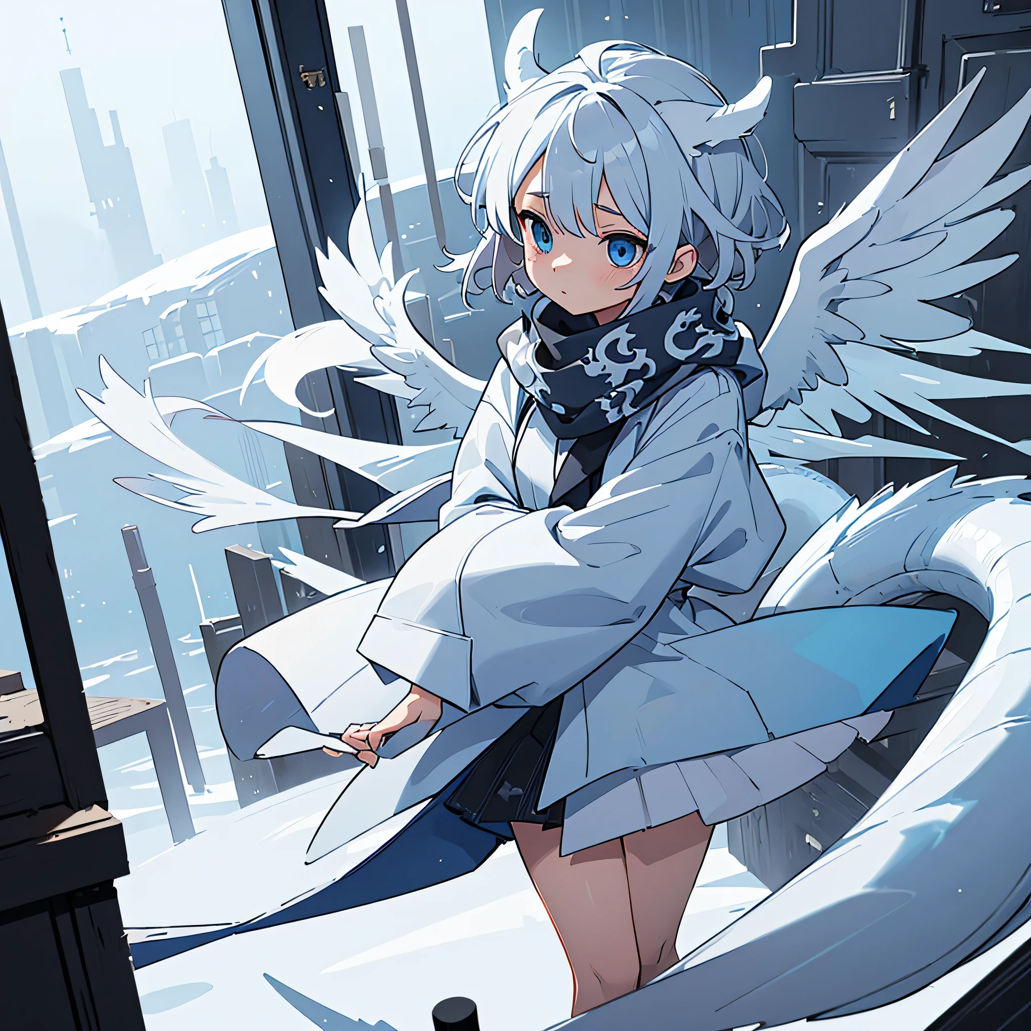 (masterpiece, highest quality, highest quality), messy hair,black_trench coat,Light blue_scarf,oversized clothes,short hair,girl,gray hair,blue eyes.White dragon wings on the back,has a white dragon tail,Hands hidden in sleeves.alone,Moe sleeves