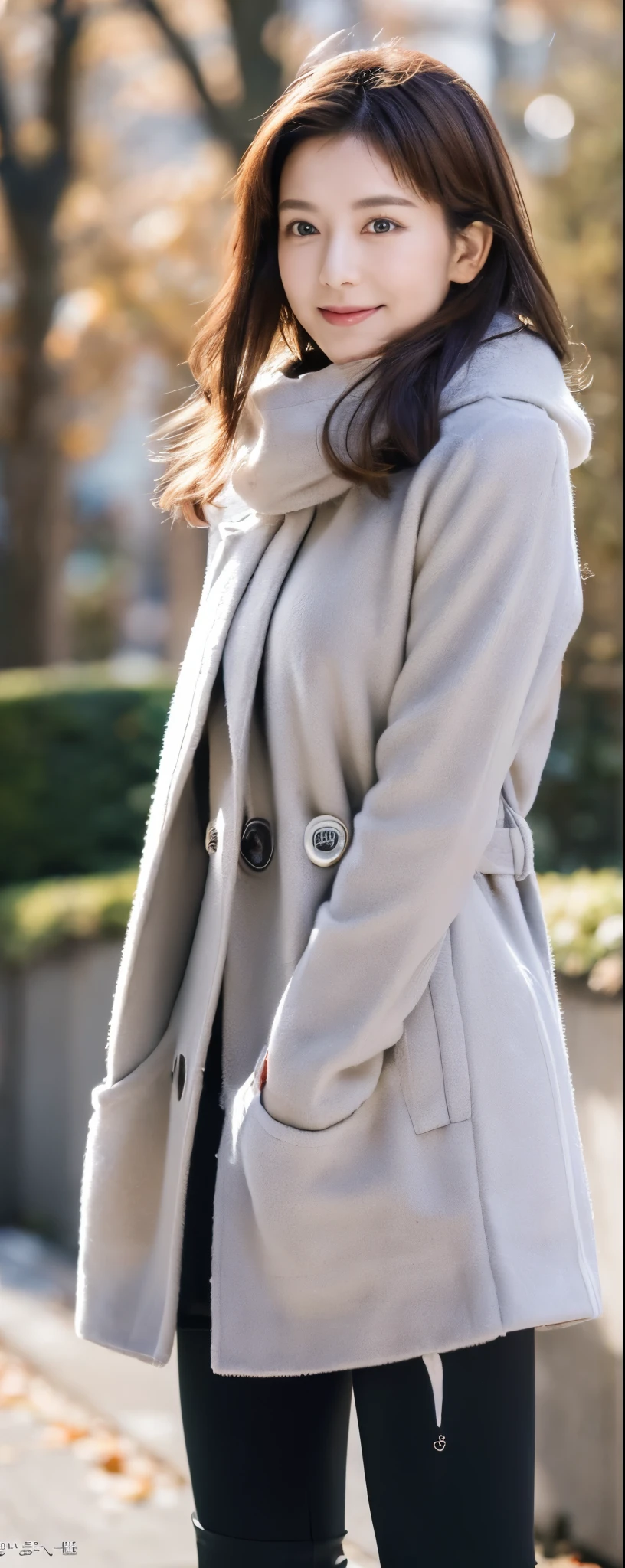 (((32K,very high res, high detailing, highly accurate,Masterpiece Girl 1:1.5))), Raw photo & realistic atmosphere, beautiful dark blue eyes,Detailed mouth,Glossy lips,Detailed eyebrows,Soft white skin that shines with every detail, Eyes drawn in detail(Full body:1), 1 noble elegant Japanese lady, (standing contrapposte), winter season, ((black color coodinate, wearing over-size nouton coat, winter fluffy scarf, grey long skirt, legging, wearing long boots)), Shiny, Smile, Looks like 1.8 meters tall, large pelvis, Large breasts, big cuvy hips, Thin waist, Long legs, skin hyper-detail, 20 years old, Perfect face, (Detailed facial features), Wavy hair, Daylight, winter season, snazzy cafe,