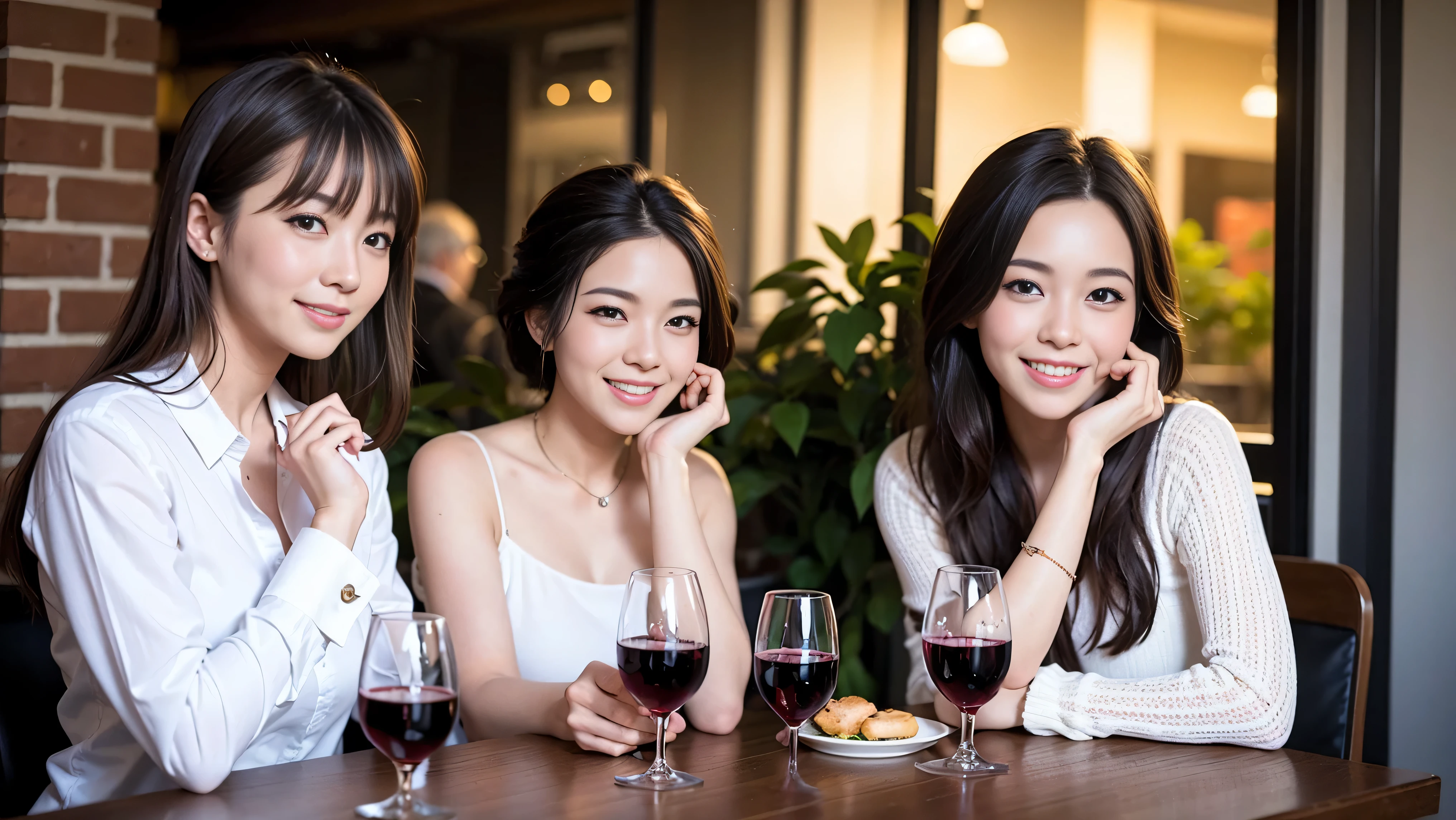 64k, Hmm, highest quality, masterpiece: 1.2), (realistic, photorealistic: 1.37), Super detailed, celebration party、beauty、Charm、beautiful mature woman、3 women who love wine、three men、Champagne、sparkling wine、winter night、restaurantでワイン宴会、(slimな男女4名),(Wine party for 5 people)、(slimフェイス),Happy、 最高なsmile、Fox face、Raccoon face、Berry Short、(because I'thin), (brown hair), (shortcut), long sleeve shirt、winter fashion、Columbia、Brazilian、Japanese、Dutch、German、Portuguese、Belgian、Italian、French, (squirt), (slimボティ), (brown hair), (shortcut), 端正なbeauty、cheeks turn a little red, (41 years old), 38 years old, 35 years old、32 years old、 43 years old、A beautiful and detailed night view spreads out outside the window......., restaurant, wine glassが座っている, At night, in a prominent place (from the Upper body) nova frog style, actress, model, Upper body, White wine, slim, wine glass, Very beautiful night view, wine glass Put in the Middle, Happy smile, (smile: 1.15),