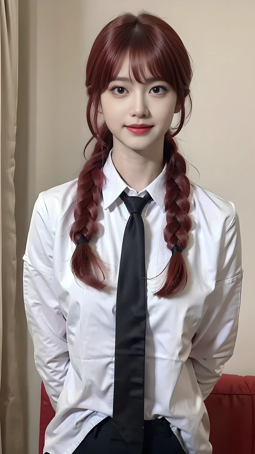 best quality, natural lighting, masterpiece, 1 girl, perfect beautiful face, (photo photo:1.3), edge lighting, photography lighting, (high detail skin:1.2), 8k ultra hd, DSLR, high quality, high resolution, white skin, detailed textured skin, 3/4 body in frame, sexy posing, poker face, close-lip, perfect propotion face, symetric face, eye level shot, 4k, 8k, bokeh, absurd, best ratio four fingers and one thumb, (realistic:1.3), beautiful detailed girl, cute 1girl, red hair, long hair, bangs, volume hairs, collosal-breast, full looking breast, projecting breast, slim waist, slender, small thighs, perfectly proportion, outdoor background, detailed background, trees, clouds, makima, long hair, smile, bangs, (yellow eyes:1.2), braid, red hair, braided ponytail, ringed eyes, shirt, long sleeves, white shirt, collared shirt, pants, (black pants:1.2), formal, suit, black necktie, (shirt tucked in:1.2), office lady, braid, braided ponytail, long hair, makima, (black necktie:1.2), red hair, yellow eyes, white shirt, (hands behind back:1.1), thighs in frame, black pants