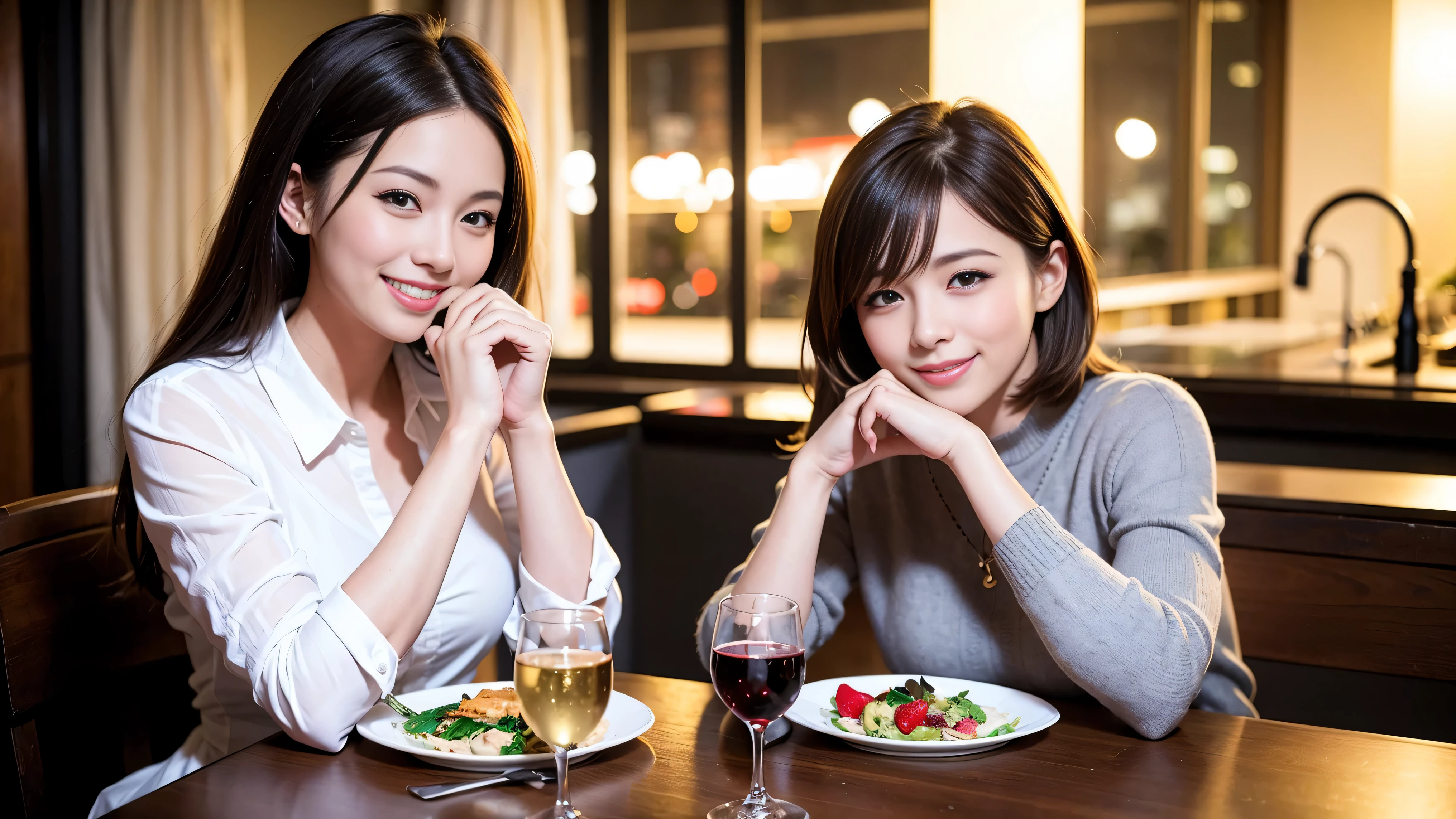 64k, UHD, highest quality, masterpiece: 1.2), (realistic, photorealistic: 1.37), Super detailed, There are many wine fans.、(slimな男女4名),(Wine party for 5 people)、(slimフェイス),Happy、 最高なsmile、Fox Face、Raccoon face、Berry Short、(because I'thin), (brown hair), (shortcut), long sleeve shirt、winter fashion、Colombia、Brazilian、Japanese、Dutch、German、Portuguese、Belgian、Italian、french,champagne、Sparkling wine、 (gush), (slimボティ), (brown hair), (shortcut), Neat beauty、cheeks blush a little, (35 years old), 38 years old, alone, A beautiful and detailed night view spreads out outside the window..., restaurant, wine glassが座っている, At night, in a prominent place (from the Upper body) nova frog style, actress, model, Upper body, White wine, slim, wine glass, very beautiful night view, wine glass Put in the Middle, Happy smile, (smile: 1.15),