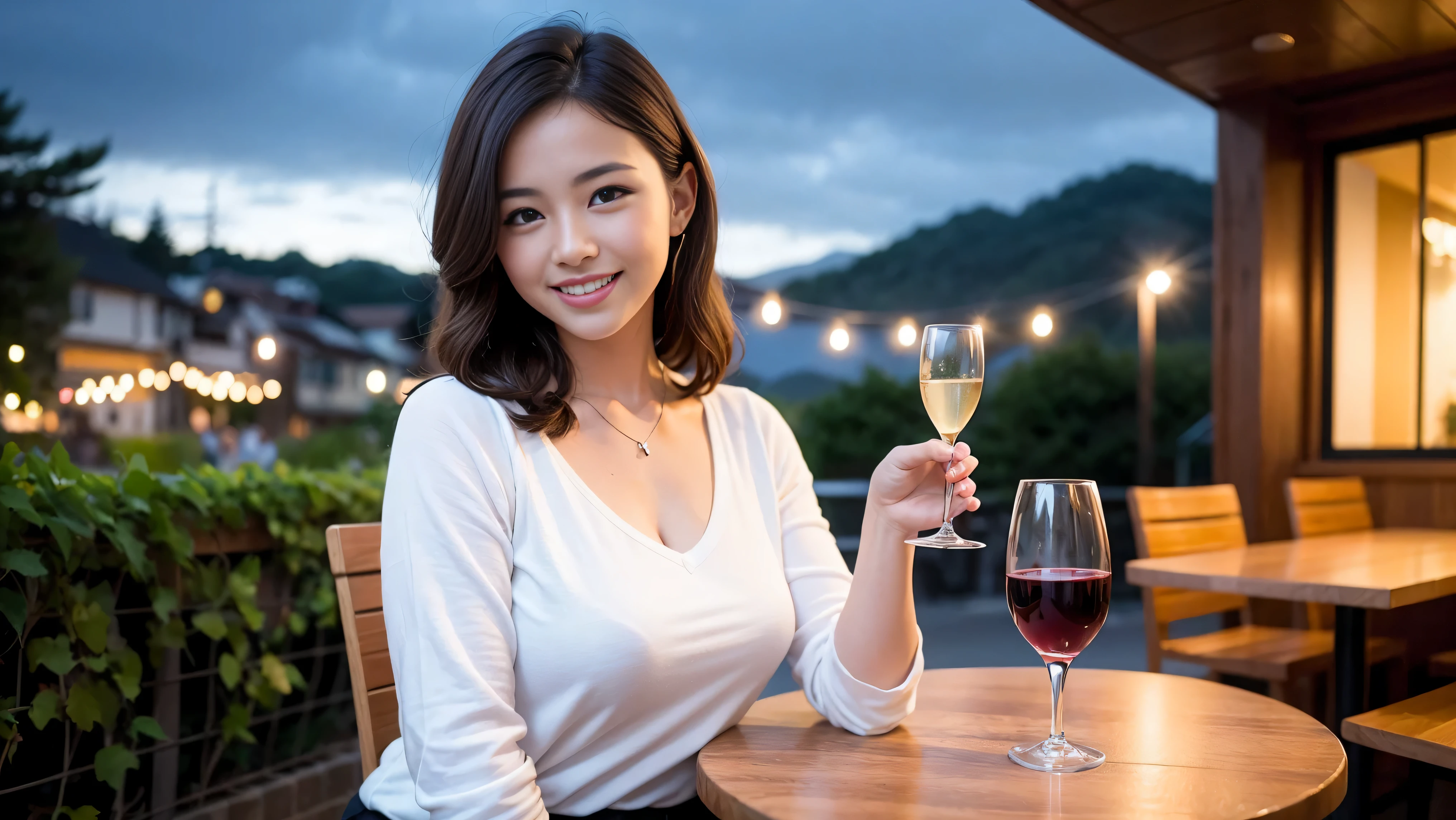 64k, UHD, highest quality, masterpiece: 1.2), (realistic, photorealistic: 1.37), Super detailed, There are many wine fans.、(slimな男女4名),(Wine party for 5 people)、(slimフェイス),Happy、 最高なsmile、Fox Face、Raccoon face、Berry Short、(because I&#39;thin), (brown hair), (shortcut), long sleeve shirt、winter fashion、Colombia、Brazilian、Japanese、Dutch、German、Portuguese、Belgian、Italian、french,champagne、Sparkling wine、 (gush), (slimボティ), (brown hair), (shortcut), Neat beauty、cheeks blush a little, (35 years old), 38 years old, alone, A beautiful and detailed night view spreads out outside the window..., restaurant, wine glassが座っている, At night, in a prominent place (from the Upper body) nova frog style, actress, model, Upper body, White wine, slim, wine glass, very beautiful night view, wine glass Put in the Middle, Happy smile, (smile: 1.15), 