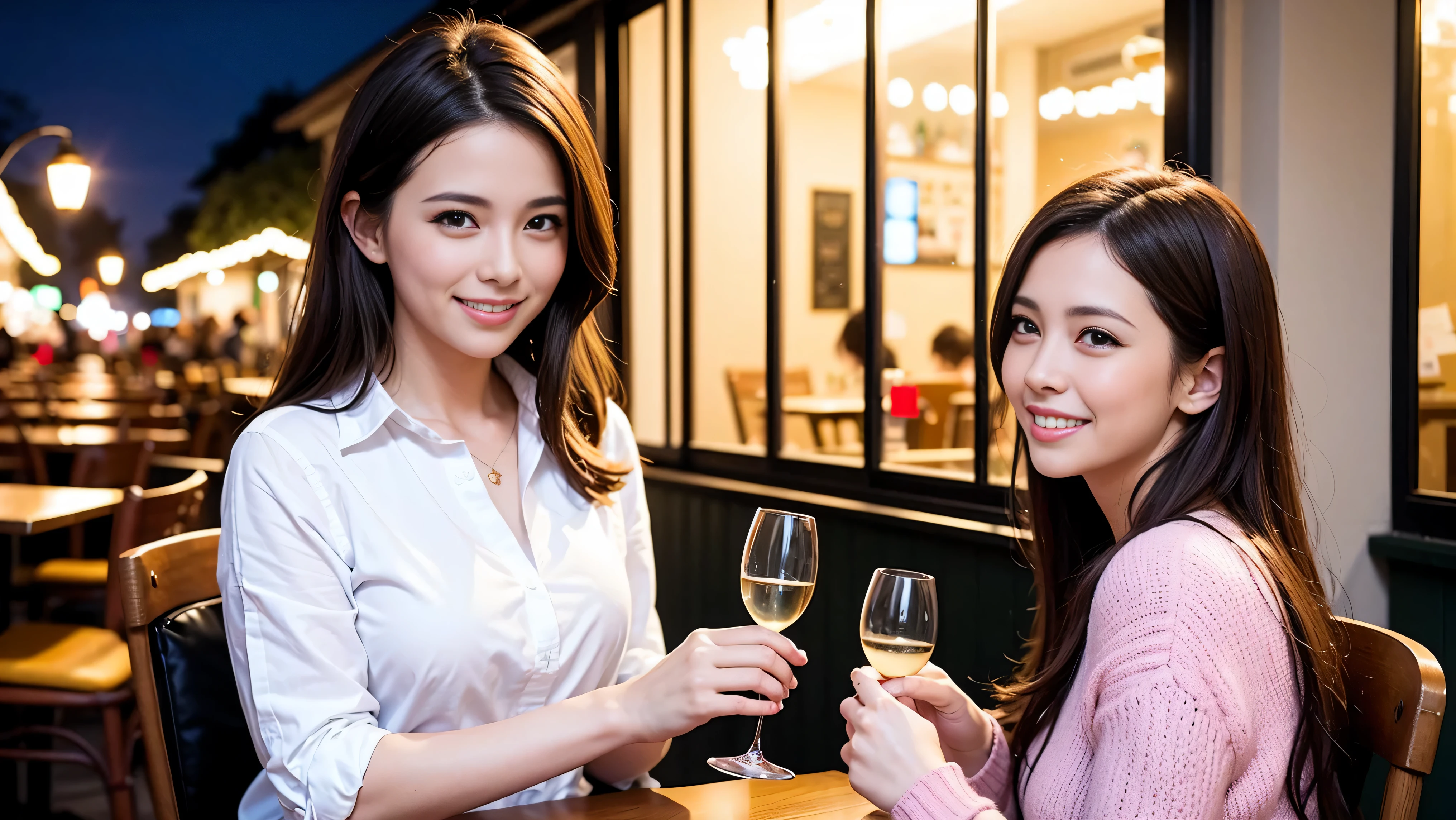 64k, UHD, highest quality, masterpiece: 1.2), (realistic, photorealistic: 1.37), Super detailed, There are many wine fans.、(slimな男女4名),(Wine party for 5 people)、(slimフェイス),Happy、 最高なsmile、Fox Face、Raccoon face、Berry Short、(because I'thin), (brown hair), (shortcut), long sleeve shirt、winter fashion、Colombia、Brazilian、Japanese、Dutch、German、Portuguese、Belgian、Italian、french,champagne、Sparkling wine、 (gush), (slimボティ), (brown hair), (shortcut), Neat beauty、cheeks blush a little, (35 years old), 38 years old, alone, A beautiful and detailed night view spreads out outside the window..., restaurant, wine glassが座っている, At night, in a prominent place (from the Upper body) nova frog style, actress, model, Upper body, White wine, slim, wine glass, very beautiful night view, wine glass Put in the Middle, Happy smile, (smile: 1.15), 